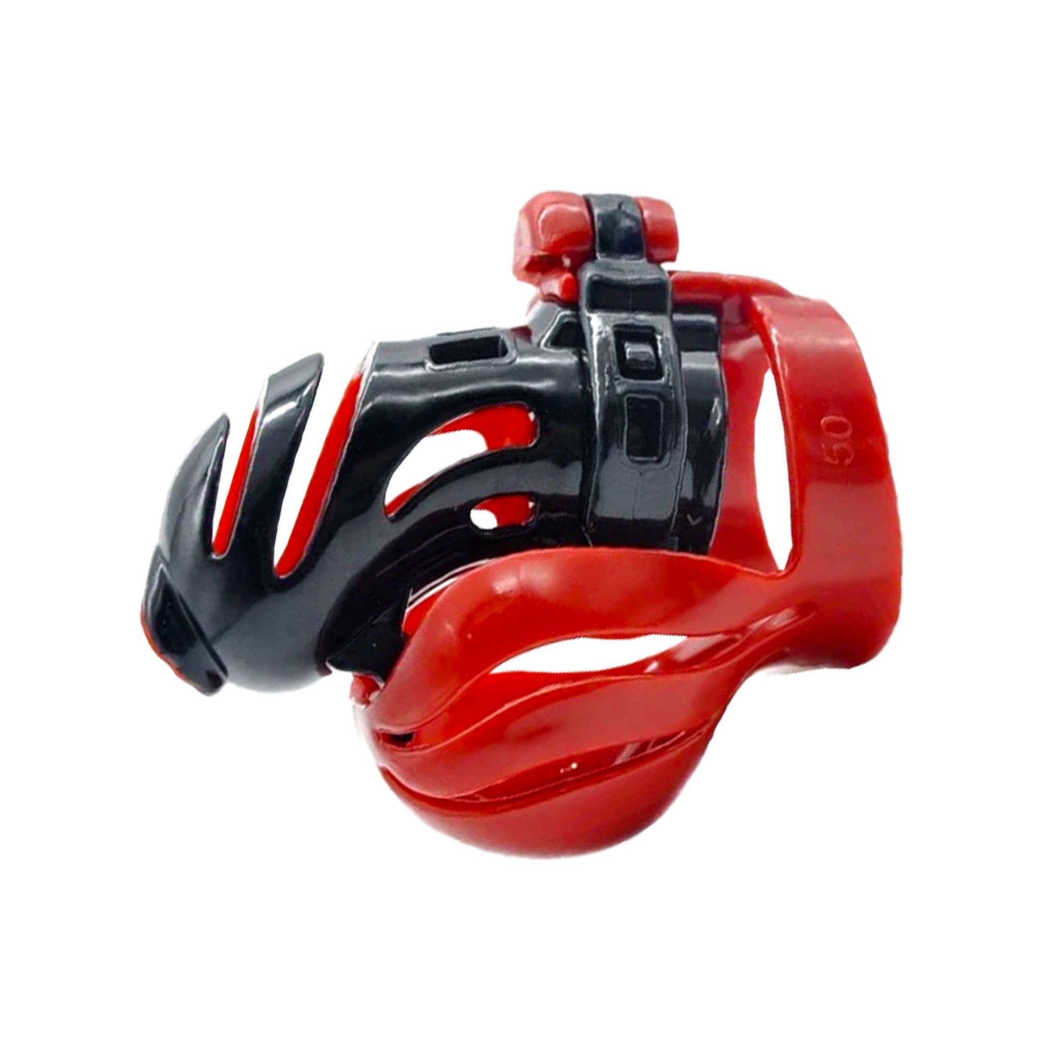 Plastic polycarbonate polycarbonate-plastic medical-grade cock cockring cock-ring chastity male-chastity lockable locking inverted-lock lightweight hypoallergenic durable bondage bdsm restraint kink kink kinky-play sadist sadism masochist masochism adult-toys red black