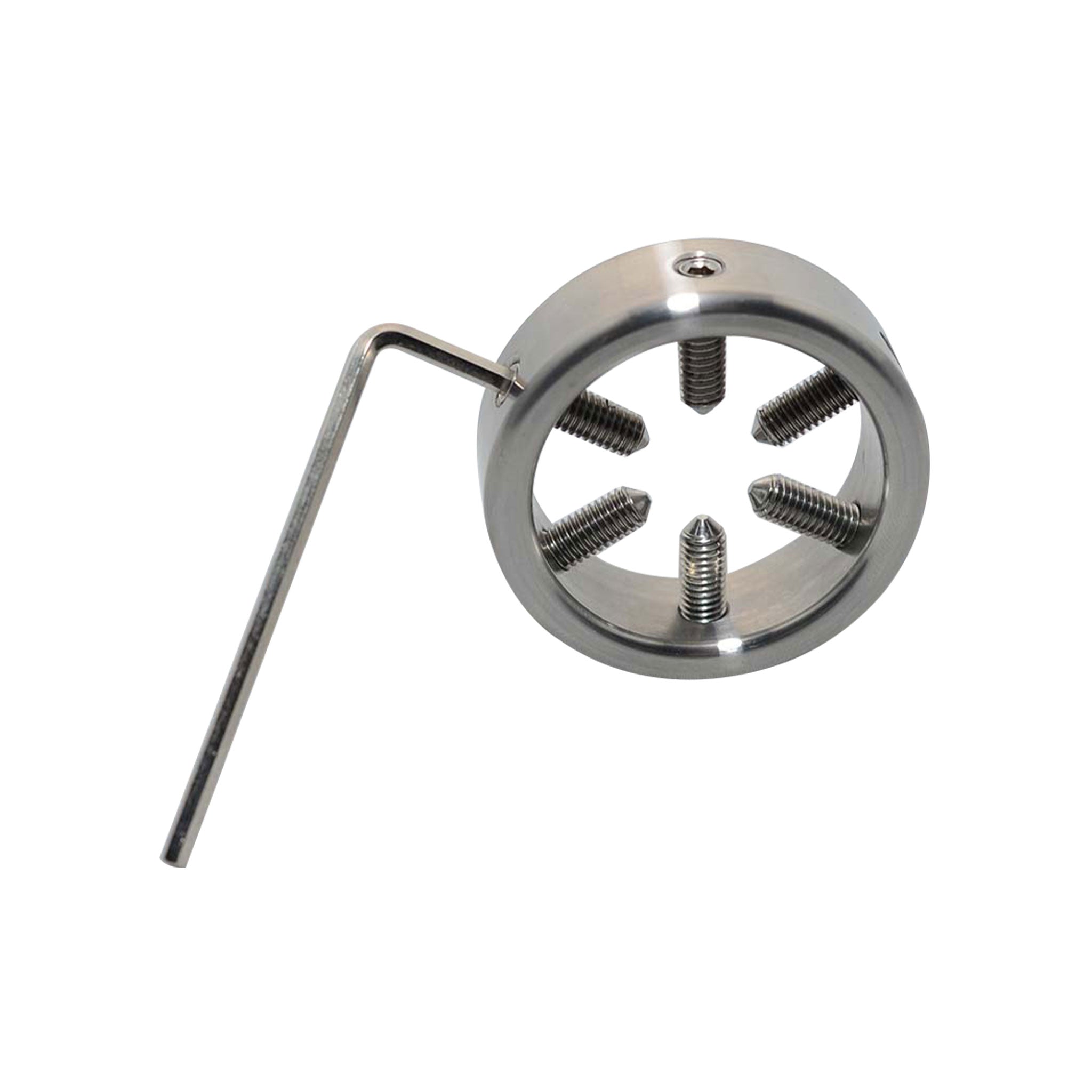 Stainless-steel brushed medical medical-toys cockring cock-ring cock penis nonvibe non-vibe non-vibrating cnb cbt ball-stretcher thorncrown thrown-crown grub-screw intruder-screw screw-spike inner-screw blunt-tip locking lockable adjustable sturdy rough technical allen-key allen-wrench hexagonal fetish bdsm masochism kink kinky kinky-play kinky-toys kali's-teeth male masculine masc mens adult-toys silver