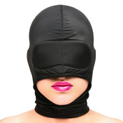 Nylon Spandex metallic-grommets accessories hood mask lace-up laceup back-closure blindfold built-in padded-blindfold mouth-opening open-mouth nose-opening open-nose cock-sucker cocksucker stretchy comfortable breathable snug fetish fashion alt-fashion alternative dungeon bedroom erotic bondage bdsm bdsm-gear bdsm-toys kink kinky kinky-toys kinky-play kinkwear sensory sensory-play sensory-deprivation costume cosplay halloween couples couples-play unisex black