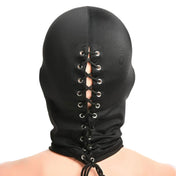 Nylon Spandex metallic-grommets accessories hood mask lace-up laceup back-closure blindfold built-in padded-blindfold mouth-opening open-mouth nose-opening open-nose cock-sucker cocksucker stretchy comfortable breathable snug fetish fashion alt-fashion alternative dungeon bedroom erotic bondage bdsm bdsm-gear bdsm-toys kink kinky kinky-toys kinky-play kinkwear sensory sensory-play sensory-deprivation costume cosplay halloween couples couples-play unisex black