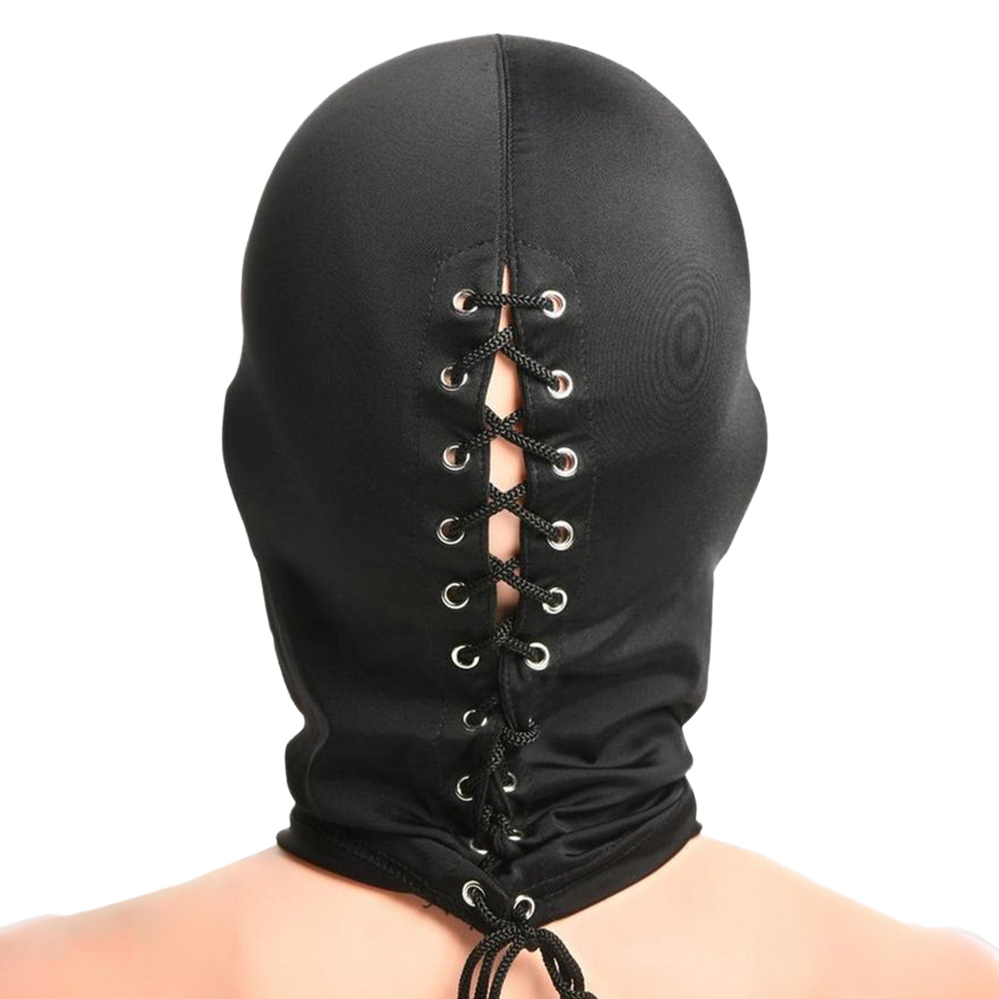 Nylon Spandex metallic-grommets accessories hood mask lace-up laceup back-closure blindfold built-in padded-blindfold mouth-opening open-mouth nose-opening open-nose cock-sucker cocksucker stretchy comfortable breathable snug fetish fashion alt-fashion alternative dungeon bedroom erotic bondage bdsm bdsm-gear bdsm-toys kink kinky kinky-toys kinky-play kinkwear sensory sensory-play sensory-deprivation costume cosplay halloween couples couples-play unisex black