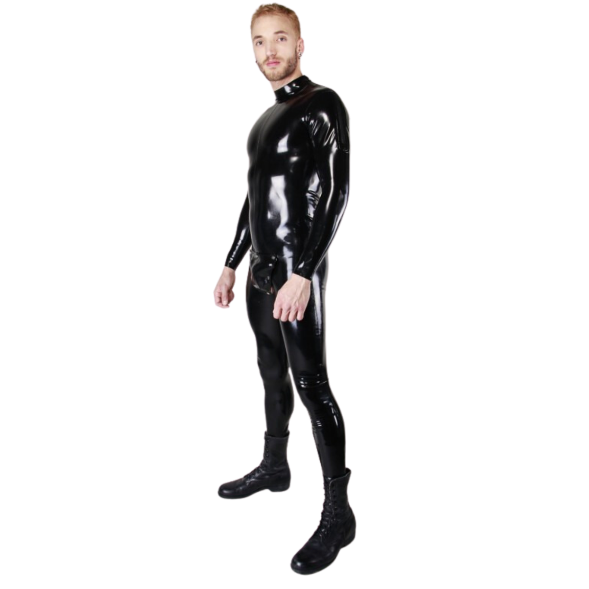 Latex shoulder-zip catsuit, codpiece, sleek rubber torso, fetish full-coverage suit, premium latex design.
