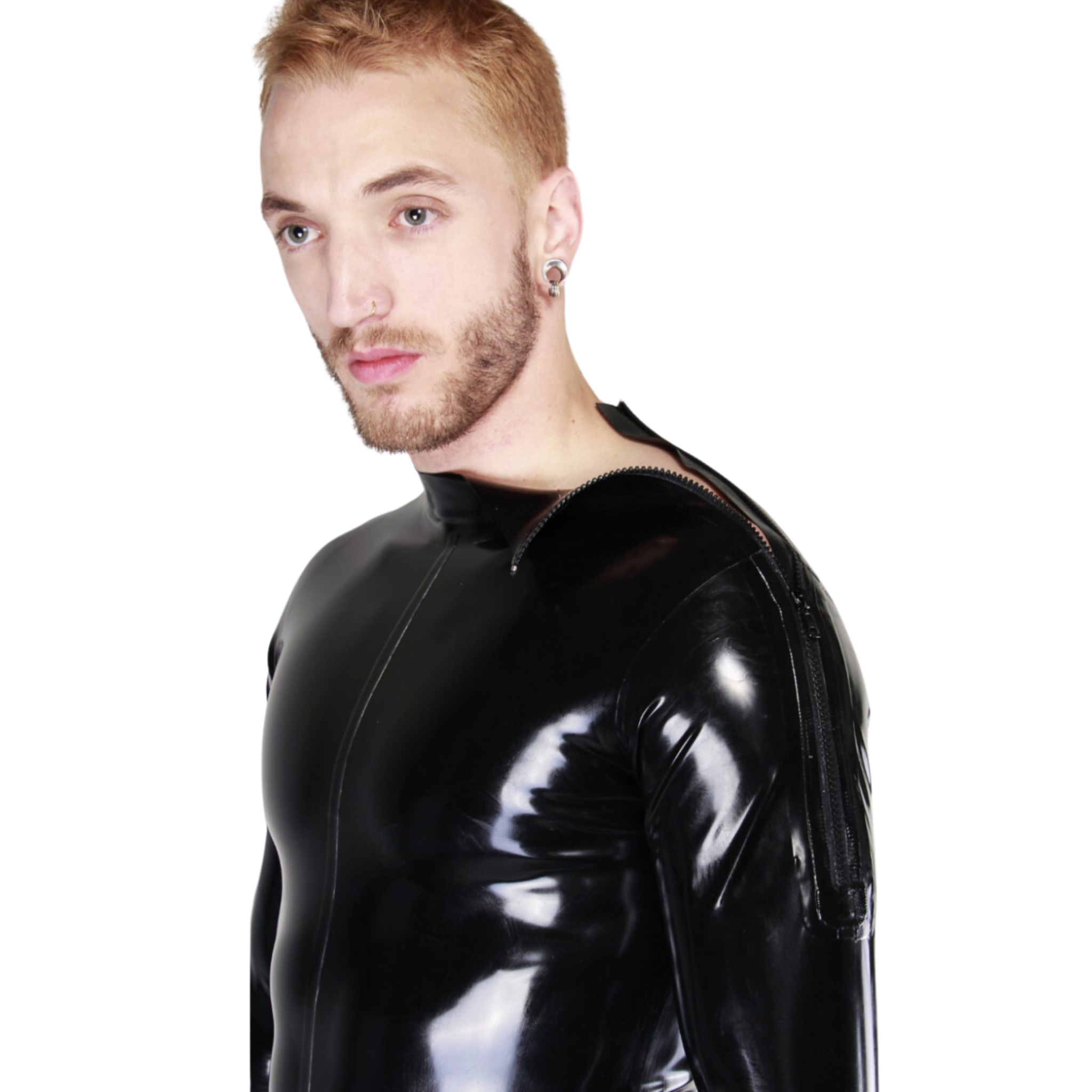 Latex shoulder-zip catsuit, codpiece, sleek rubber torso, fetish full-coverage suit, premium latex design.
