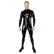 Latex rubber heavy-rubber apparel one-piece catsuit long-sleeve longsleeve sleeves sleeved full-coverage shoulder-entry shoulder-zip zipper uninterrupted codpiece detachable-codpiece snap-button press-stud shiny glossy sleek bold fetish fashion alt-fashion cyber kink kinky kinkwear bondage bdsm sub submissive submission dom domme domination fetishwear costume cosplay halloween male masculine masc mens guys dudes black