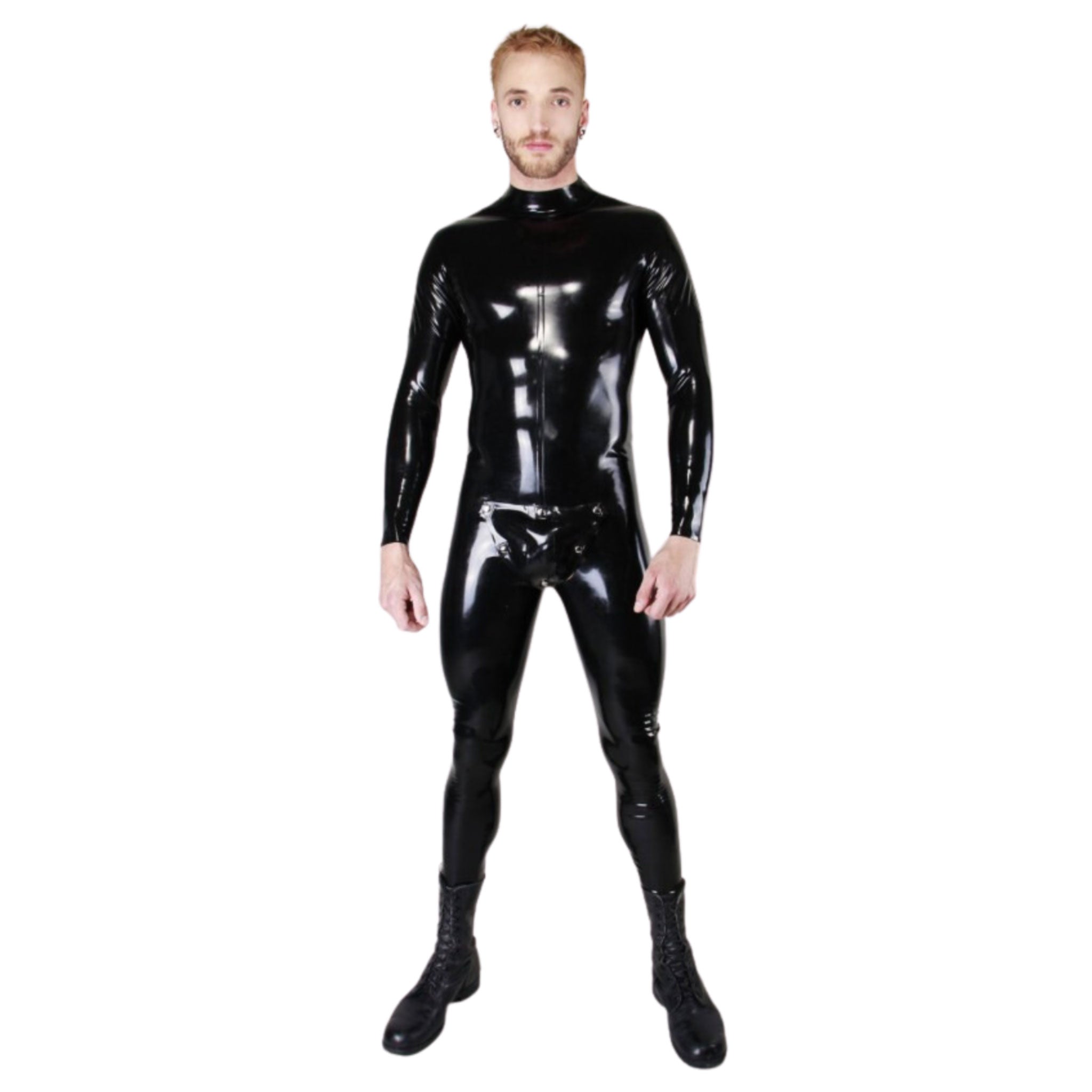 Latex rubber heavy-rubber apparel one-piece catsuit long-sleeve longsleeve sleeves sleeved full-coverage shoulder-entry shoulder-zip zipper uninterrupted codpiece detachable-codpiece snap-button press-stud shiny glossy sleek bold fetish fashion alt-fashion cyber kink kinky kinkwear bondage bdsm sub submissive submission dom domme domination fetishwear costume cosplay halloween male masculine masc mens guys dudes black