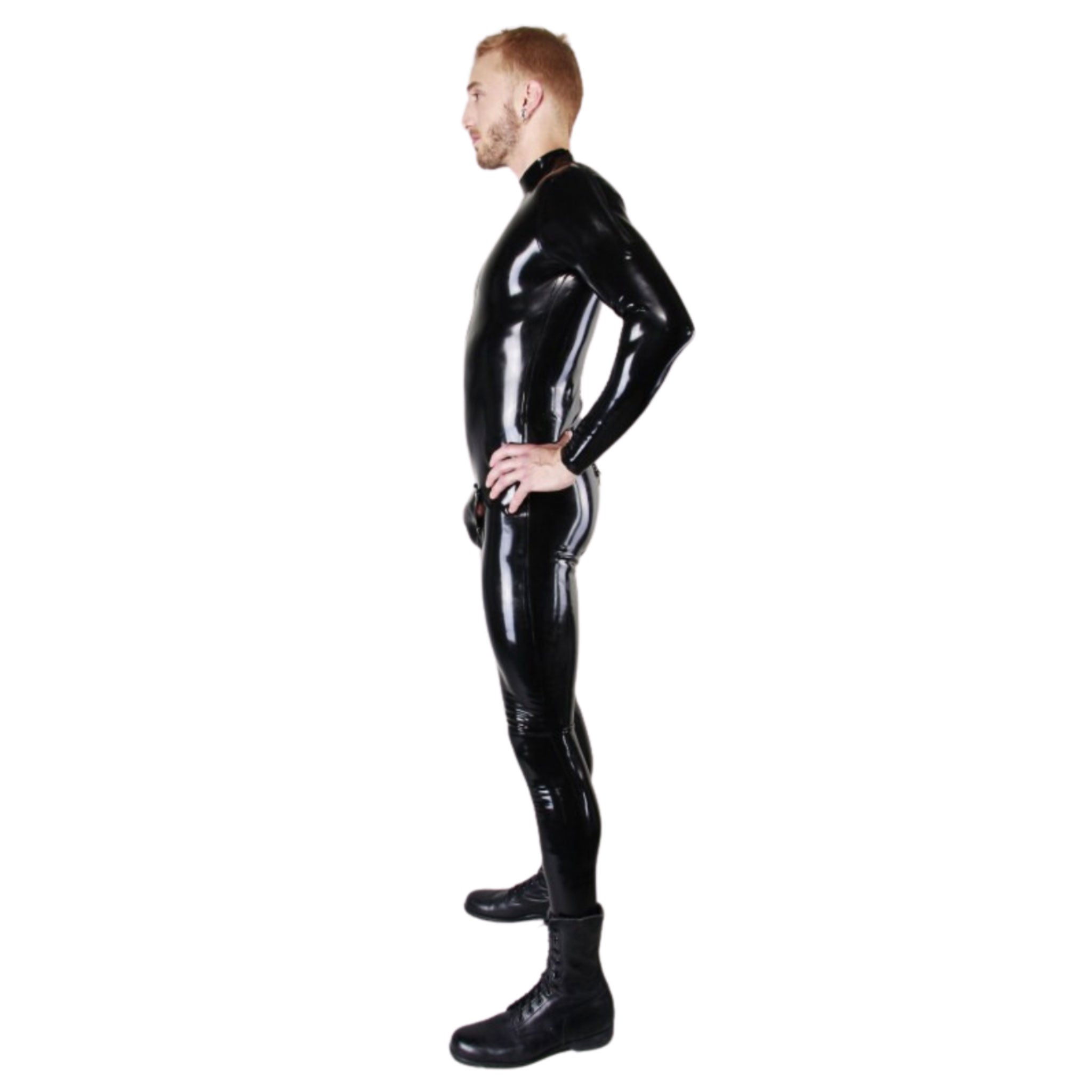Latex rubber heavy-rubber apparel one-piece catsuit long-sleeve longsleeve sleeves sleeved full-coverage shoulder-entry shoulder-zip zipper uninterrupted codpiece detachable-codpiece snap-button press-stud shiny glossy sleek bold fetish fashion alt-fashion cyber kink kinky kinkwear bondage bdsm sub submissive submission dom domme domination fetishwear costume cosplay halloween male masculine masc mens guys dudes black