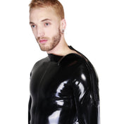 Latex rubber heavy-rubber apparel one-piece catsuit long-sleeve longsleeve sleeves sleeved full-coverage shoulder-entry shoulder-zip zipper uninterrupted codpiece detachable-codpiece snap-button press-stud shiny glossy sleek bold fetish fashion alt-fashion cyber kink kinky kinkwear bondage bdsm sub submissive submission dom domme domination fetishwear costume cosplay halloween male masculine masc mens guys dudes black