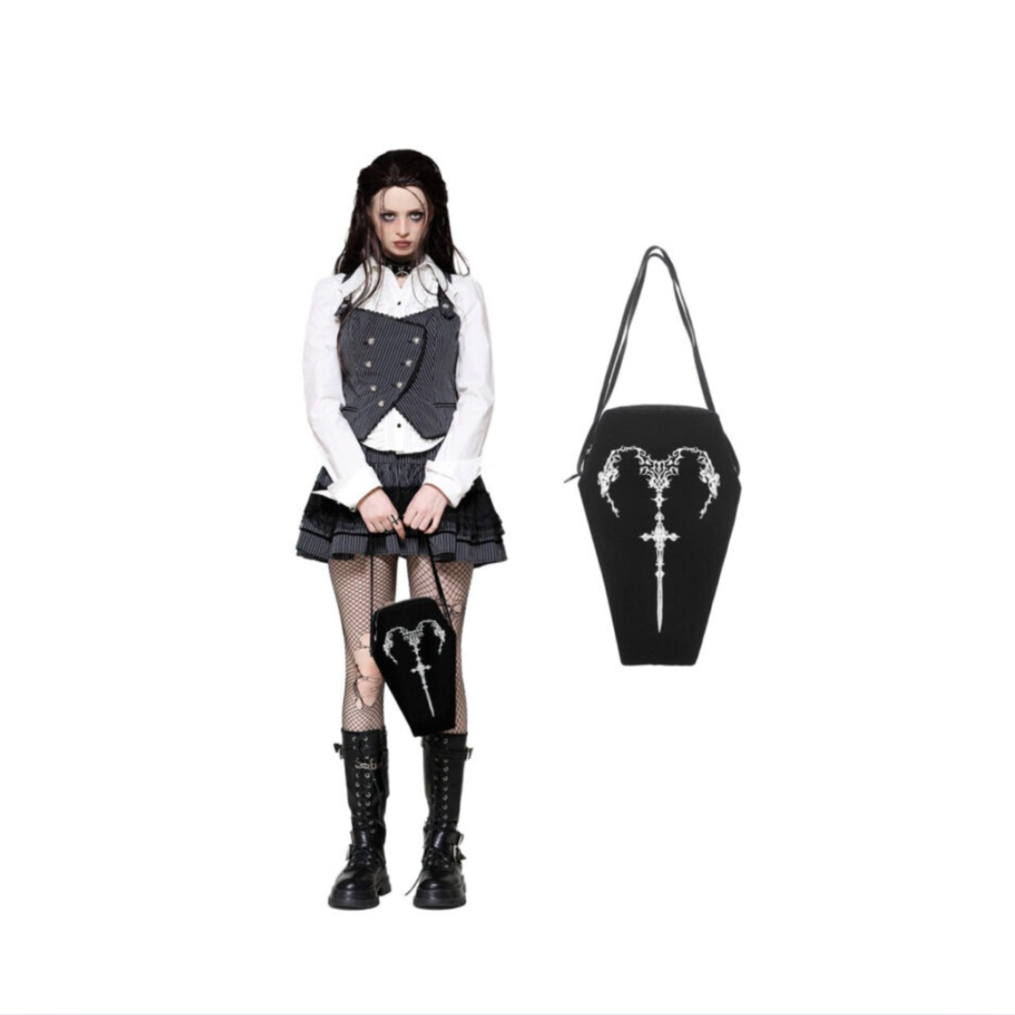 gothic coffin purse sword print embroidered heart black coffin tote bag adjustable strap gothic handbag fetish fashion