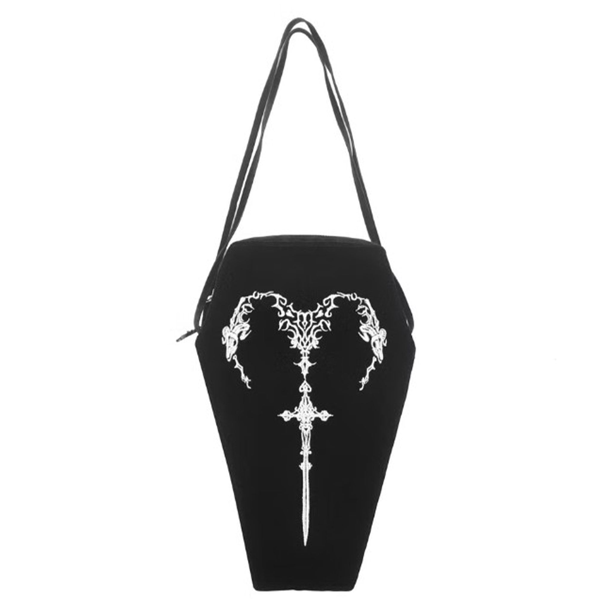 Velvet satin nylon viscose accessories bag purse tote coffin-shaped embroidery embroidered filigree sword heart shoulder-strap adjustable zip zipper single-compartment structured versatile striking functional spacious romantic rebellious rebellion nocturnal bold adventure adventurous fashion alt-fashion goth gothic punk dark costume cosplay halloween female femme feminine womens black silver