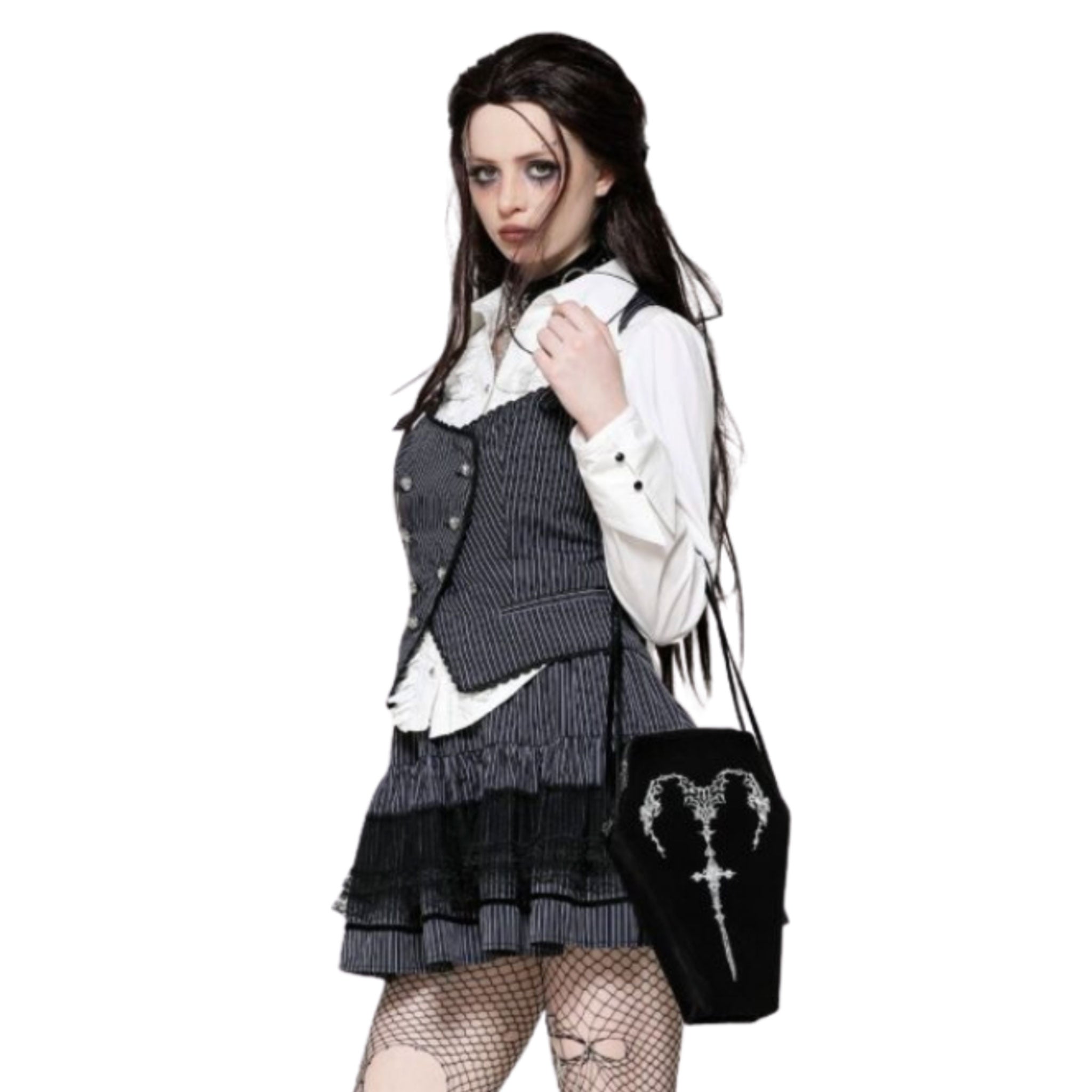 Velvet satin nylon viscose accessories bag purse tote coffin-shaped embroidery embroidered filigree sword heart shoulder-strap adjustable zip zipper single-compartment structured versatile striking functional spacious romantic rebellious rebellion nocturnal bold adventure adventurous fashion alt-fashion goth gothic punk dark costume cosplay halloween female femme feminine womens black silver