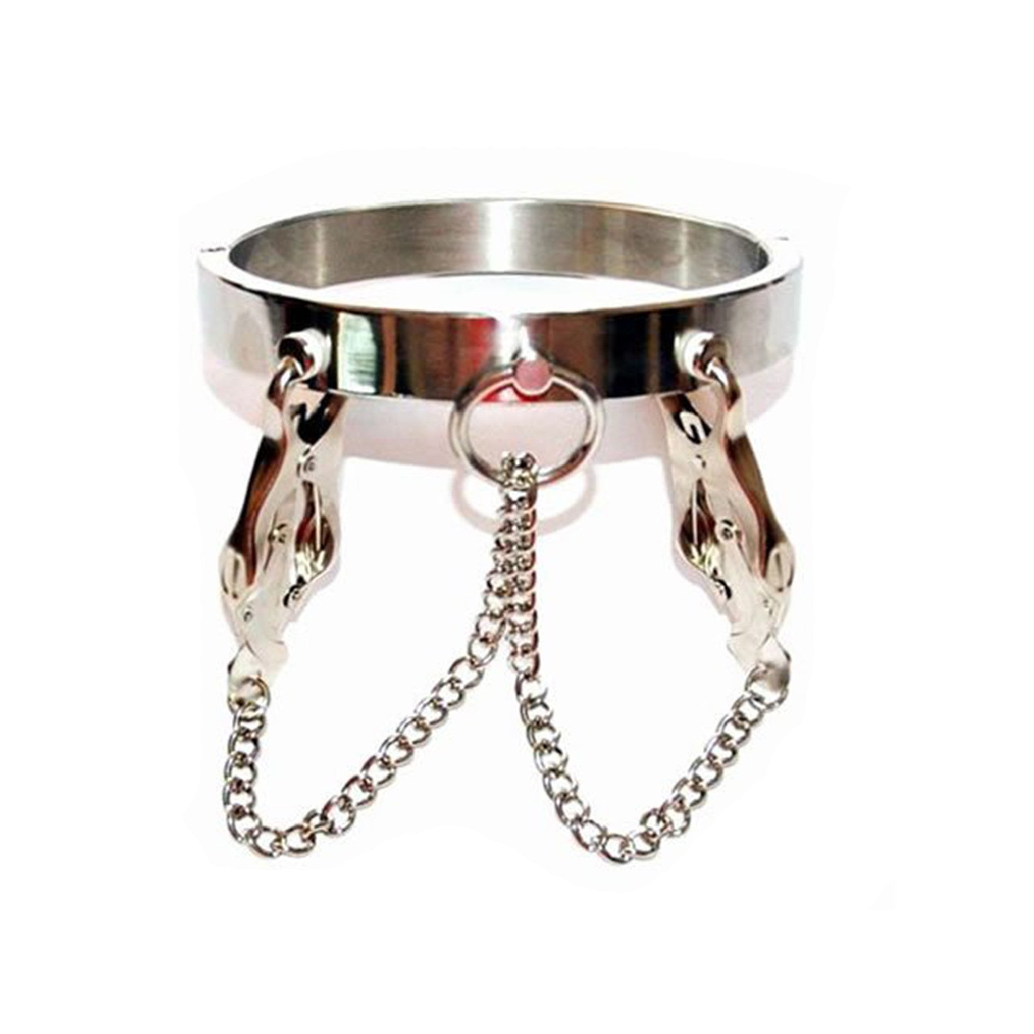 stainless steel collar with clover clamps, japanese clover nipple clamps attached to metal collar, bdsm steel collar with nipple clamps, heavy duty fetish collar hardware, domination submission collar with clamps, metal bondage collar sensation play, adult bdsm restraint collar with clover clamps