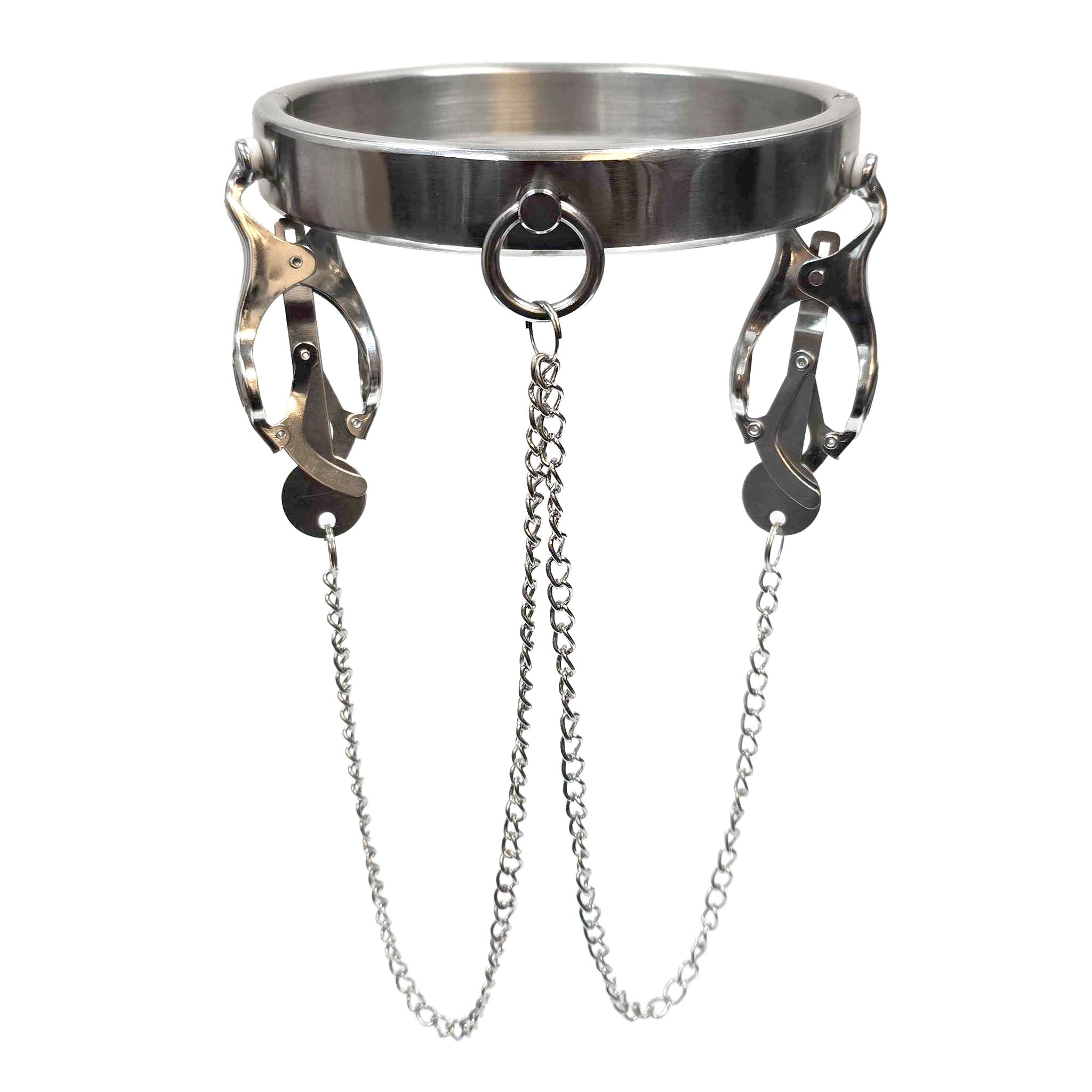 Stainless-steel metallic-chain accessories collar choker hinged-collar heavy-metal heavy-duty nipple nips nipple-play nipple-toys nipple-clamps clover-clamps japanese-clover rubber-padded pressure O-ring smooth polished solid unyielding fetish fashion alt-fashion bedroom dungeon bondage bdsm bdsm-gear bdsm-fashion restraints domination submission kink kinky kinky-toys kinky-play kinkwear sensory sensory-play adult-toys unisex silver