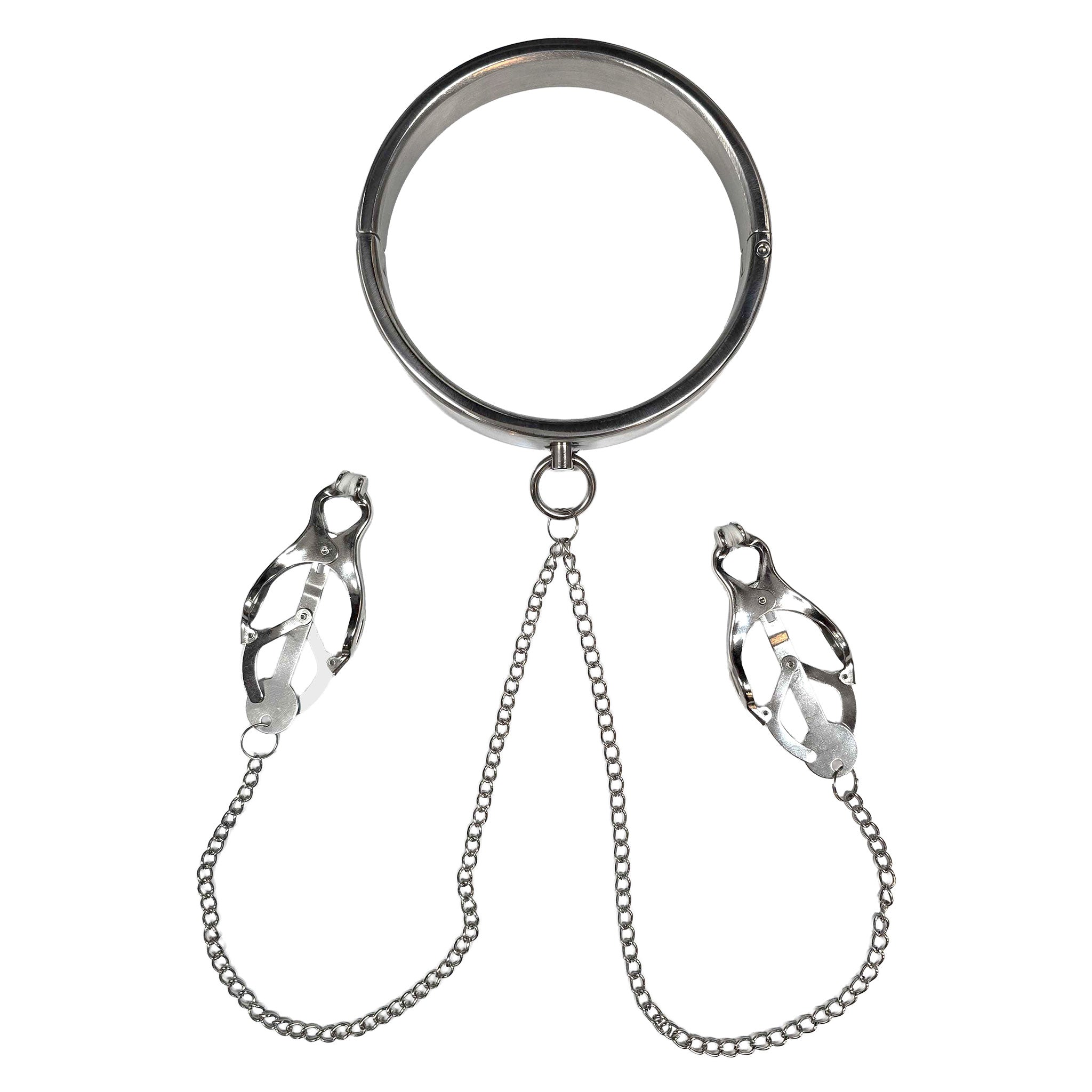 Stainless-steel metallic-chain accessories collar choker hinged-collar heavy-metal heavy-duty nipple nips nipple-play nipple-toys nipple-clamps clover-clamps japanese-clover rubber-padded pressure O-ring smooth polished solid unyielding fetish fashion alt-fashion bedroom dungeon bondage bdsm bdsm-gear bdsm-fashion restraints domination submission kink kinky kinky-toys kinky-play kinkwear sensory sensory-play adult-toys unisex silver