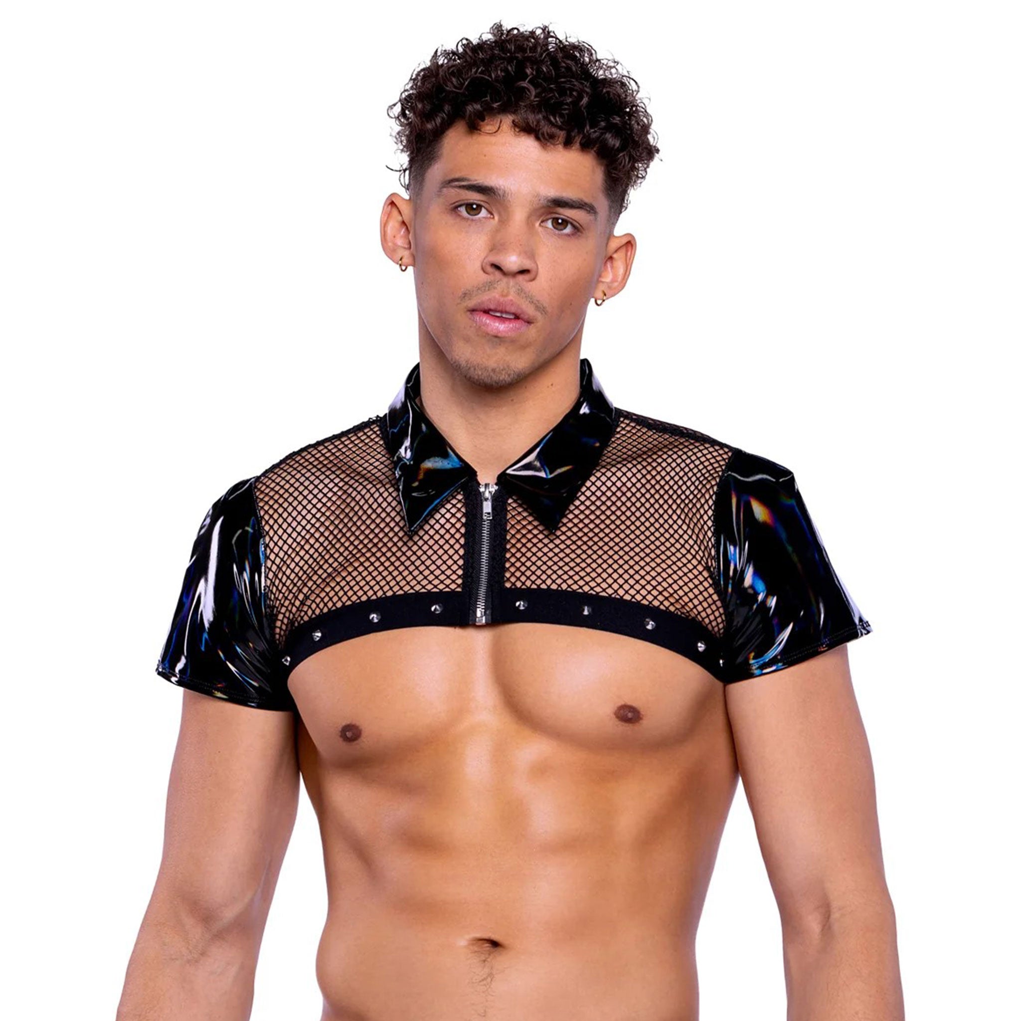 PVC vinyl nylon Spandex elastic mesh sheer transparent fishnet fish-net top shirt croptop crop-top shortsleeve short-sleeve sleeves sleeved front-zip zipper collared chest-band spikes cone-spikes spike-trim shiny glossy nipples abs show-off fashion fetish alt-fashion kink kinky pride sexy male masculine masc mens menswear guys dudes gay female femme feminine women unisex black iridescent holographic 