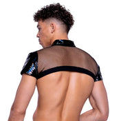 PVC vinyl nylon Spandex elastic mesh sheer transparent fishnet fish-net top shirt croptop crop-top shortsleeve short-sleeve sleeves sleeved front-zip zipper collared chest-band spikes cone-spikes spike-trim shiny glossy nipples abs show-off fashion fetish alt-fashion kink kinky pride sexy male masculine masc mens menswear guys dudes gay female femme feminine women unisex black iridescent holographic 