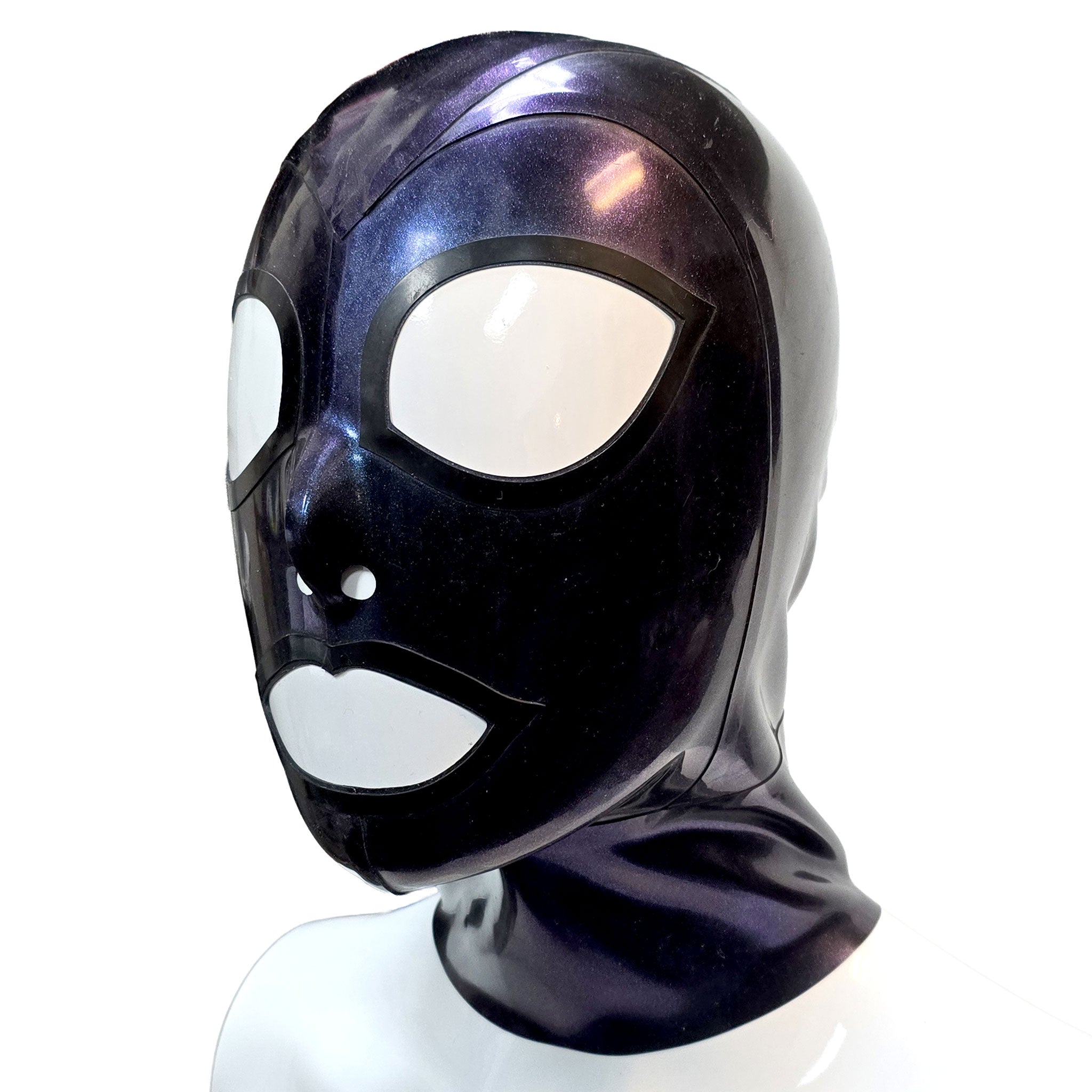Latex rubber accessories latex-accessories head-gear hood latex-hood anatomical wide-eyes zipper back-zip hidden-zip shiny glossy glittery two-tone color-shift sexy fetish fashion alt-fashion alternative punk goth gothic cyber cyberpunk festival bedroom dungeon bondage bdsm bdsm-toys bdsm-gear bdsm-fashion kink kinky kinkwear costume cosplay halloween purple purple-blue
