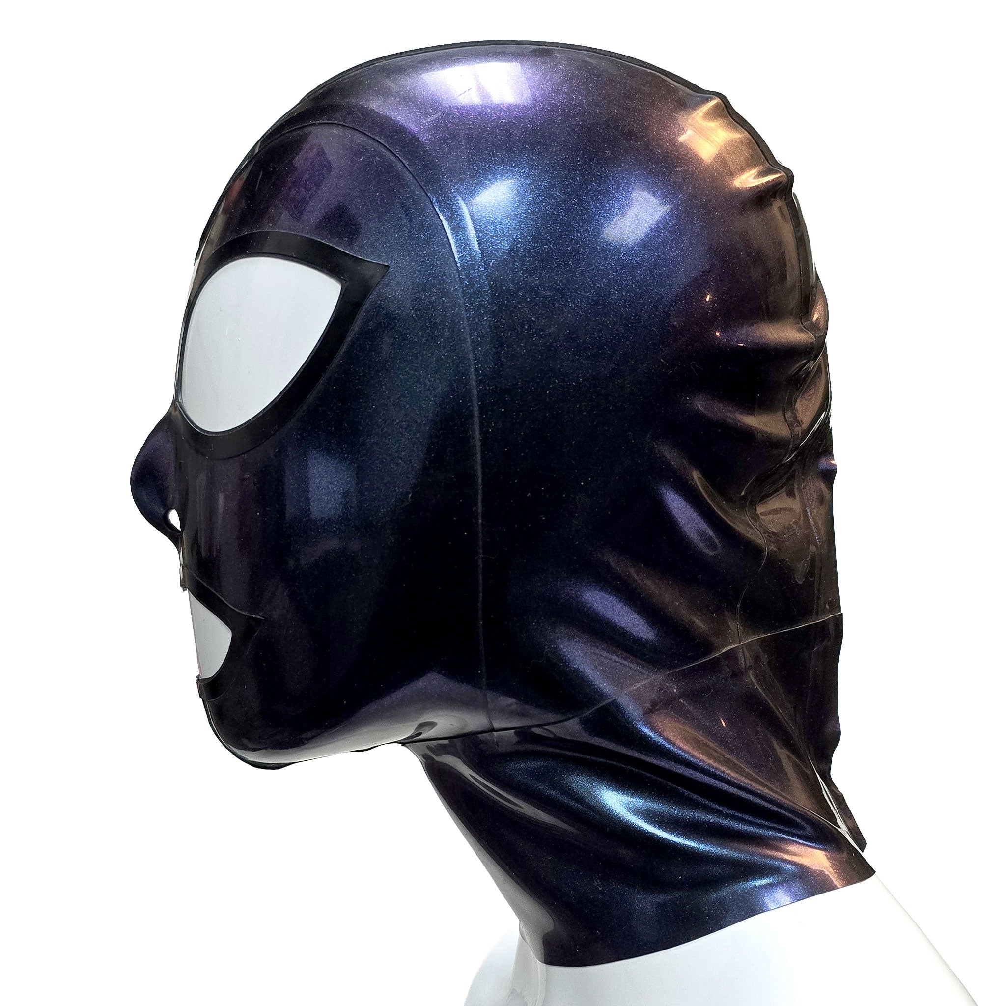 Latex rubber accessories latex-accessories head-gear hood latex-hood anatomical wide-eyes zipper back-zip hidden-zip shiny glossy glittery two-tone color-shift sexy fetish fashion alt-fashion alternative punk goth gothic cyber cyberpunk festival bedroom dungeon bondage bdsm bdsm-toys bdsm-gear bdsm-fashion kink kinky kinkwear costume cosplay halloween purple purple-blue