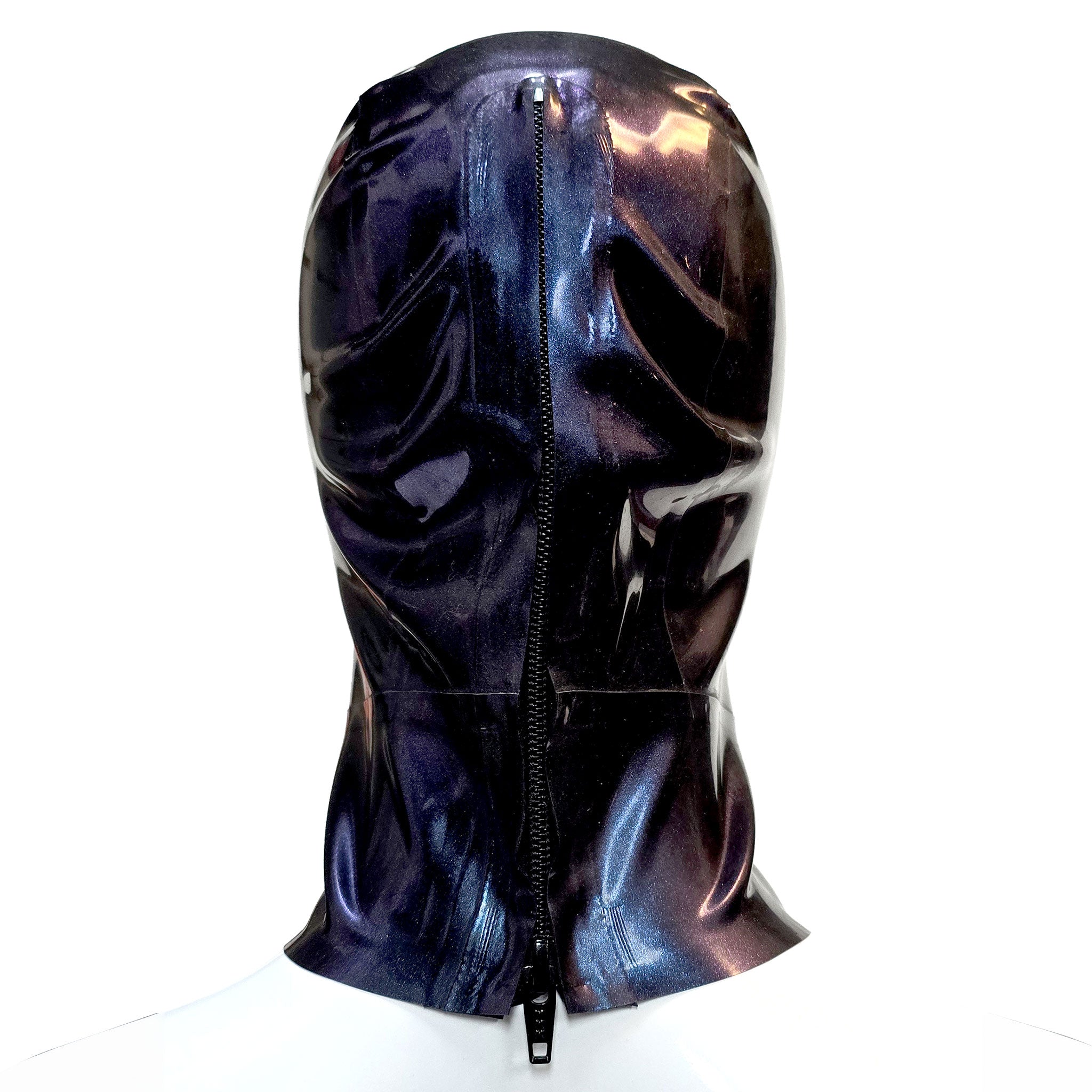 Latex rubber accessories latex-accessories head-gear hood latex-hood anatomical wide-eyes zipper back-zip hidden-zip shiny glossy glittery two-tone color-shift sexy fetish fashion alt-fashion alternative punk goth gothic cyber cyberpunk festival bedroom dungeon bondage bdsm bdsm-toys bdsm-gear bdsm-fashion kink kinky kinkwear costume cosplay halloween purple purple-blue
