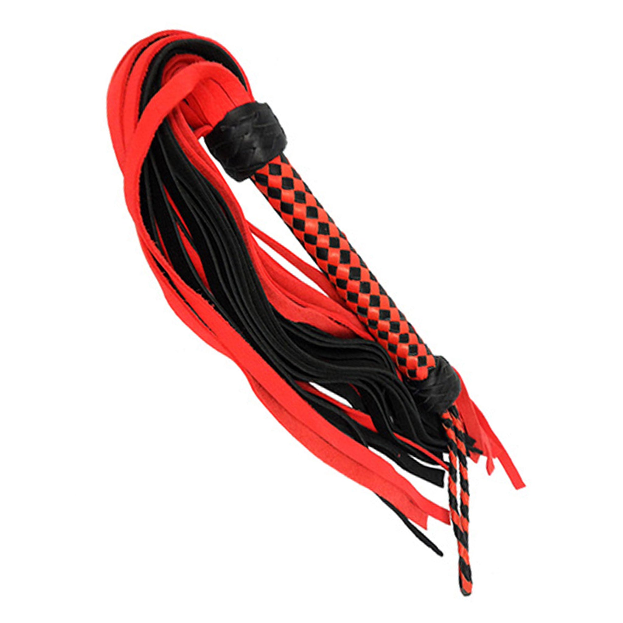 Leather genuine combination-color whip flogger woven-handle slap spread sting stinging bondage bdsm bdsm-gear sadism masochism sadomasochism impact impact-toys impact-play kink kinky kinky-play adult-toys black red