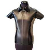 Latex rubber top shirt dress-shirt shortsleeve sleeves sleeved collar lapels front-zip full-zip zipper contrast-color shiny glossy classic posh preppy preppie distinguished stunning latex-lover gentlemen gentleman brave handsome fetish fashion alt-fashion bdsm bdsm-gear kink kinky black pewter