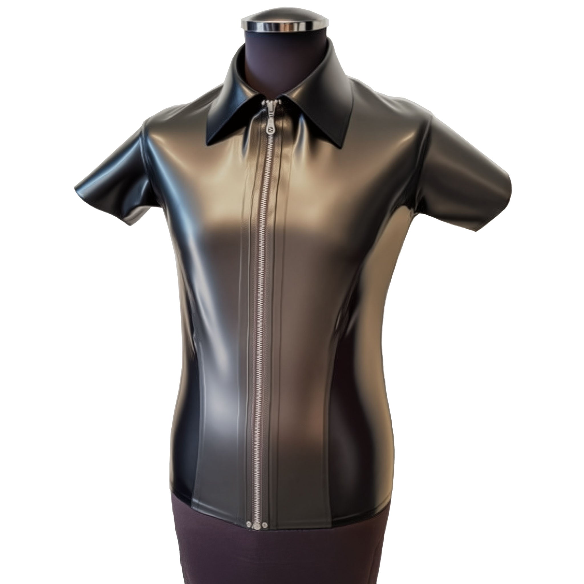 Latex rubber top shirt dress-shirt shortsleeve sleeves sleeved collar lapels front-zip full-zip zipper contrast-color shiny glossy classic posh preppy preppie distinguished stunning latex-lover gentlemen gentleman brave handsome fetish fashion alt-fashion bdsm bdsm-gear kink kinky black pewter