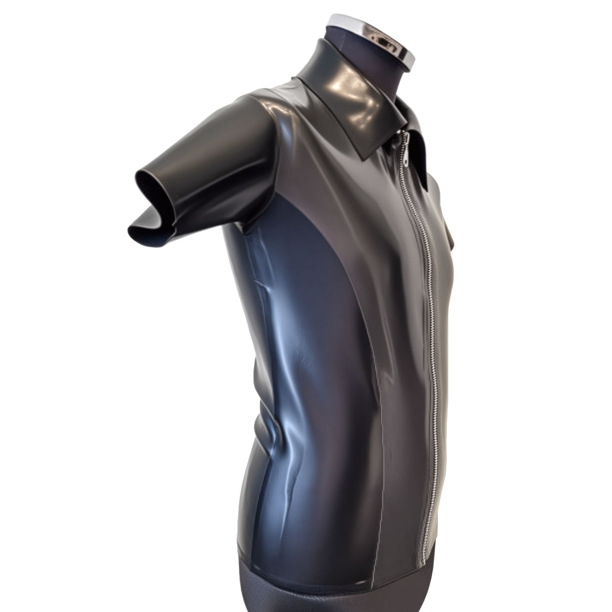 Latex rubber top shirt dress-shirt shortsleeve sleeves sleeved collar lapels front-zip full-zip zipper contrast-color shiny glossy classic posh preppy preppie distinguished stunning latex-lover gentlemen gentleman brave handsome fetish fashion alt-fashion bdsm bdsm-gear kink kinky black pewter