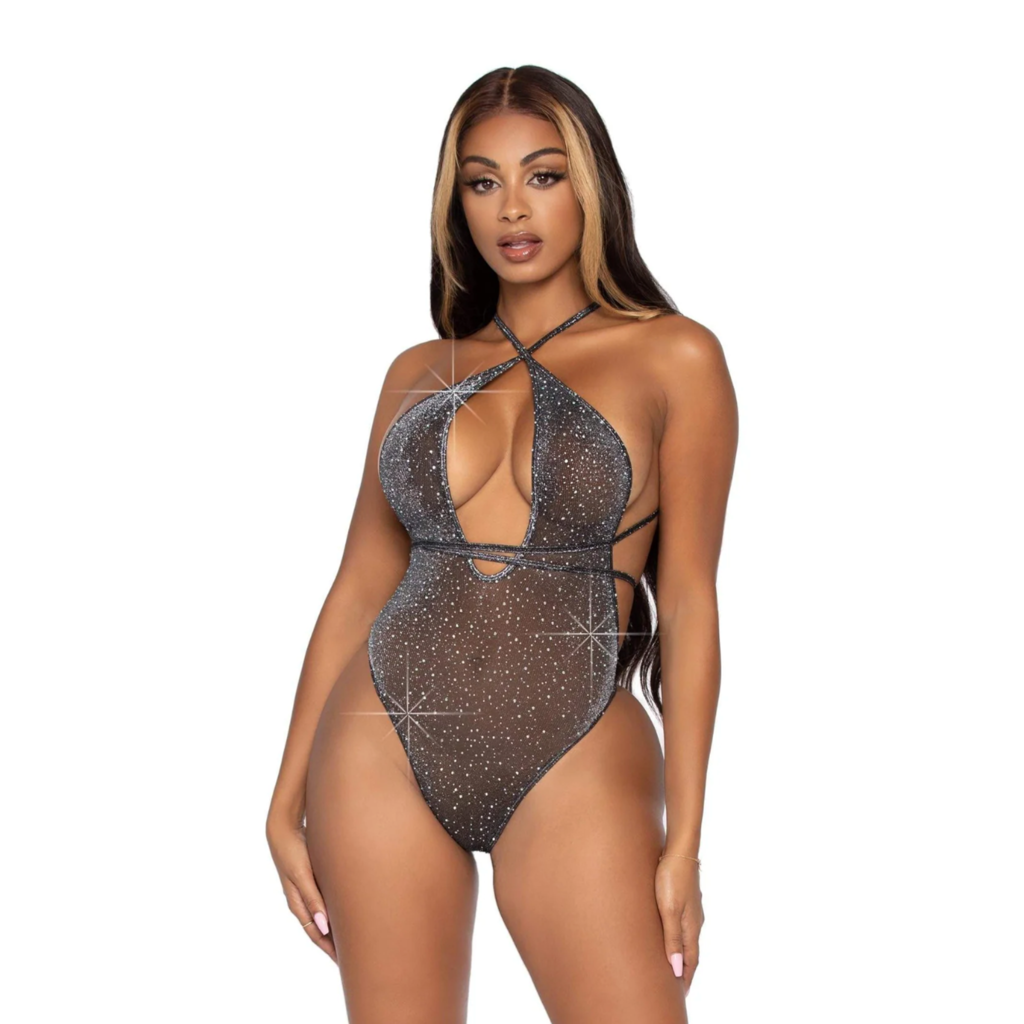 convertible plunging rhinestone teddy sheer lurex deep v wrap straps sparkle brazilian panty open back Fetish Factory lingerie sexy teddy