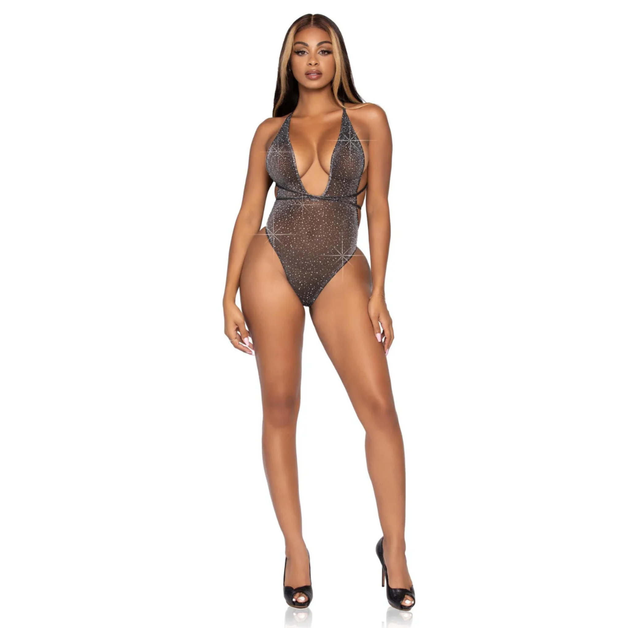 convertible plunging rhinestone teddy sheer lurex deep v wrap straps sparkle brazilian panty open back Fetish Factory lingerie sexy teddy

