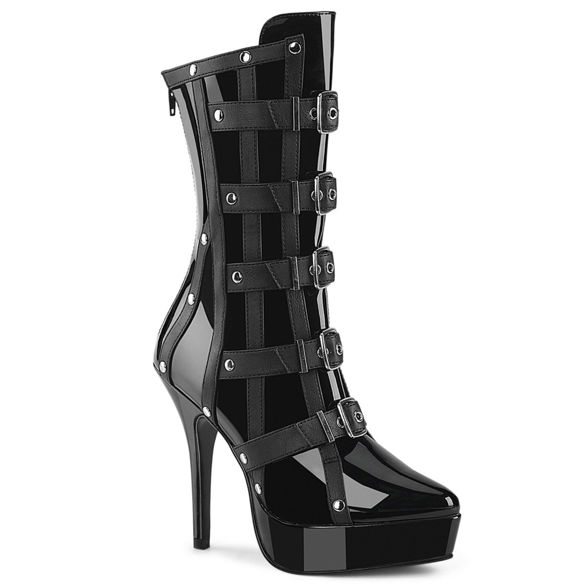 Corset-inspired black patent ankle boots, vegan leather with metal studs, 5 ¼-inch heel, 1 ¼-inch platform, rebellious fetish footwear.