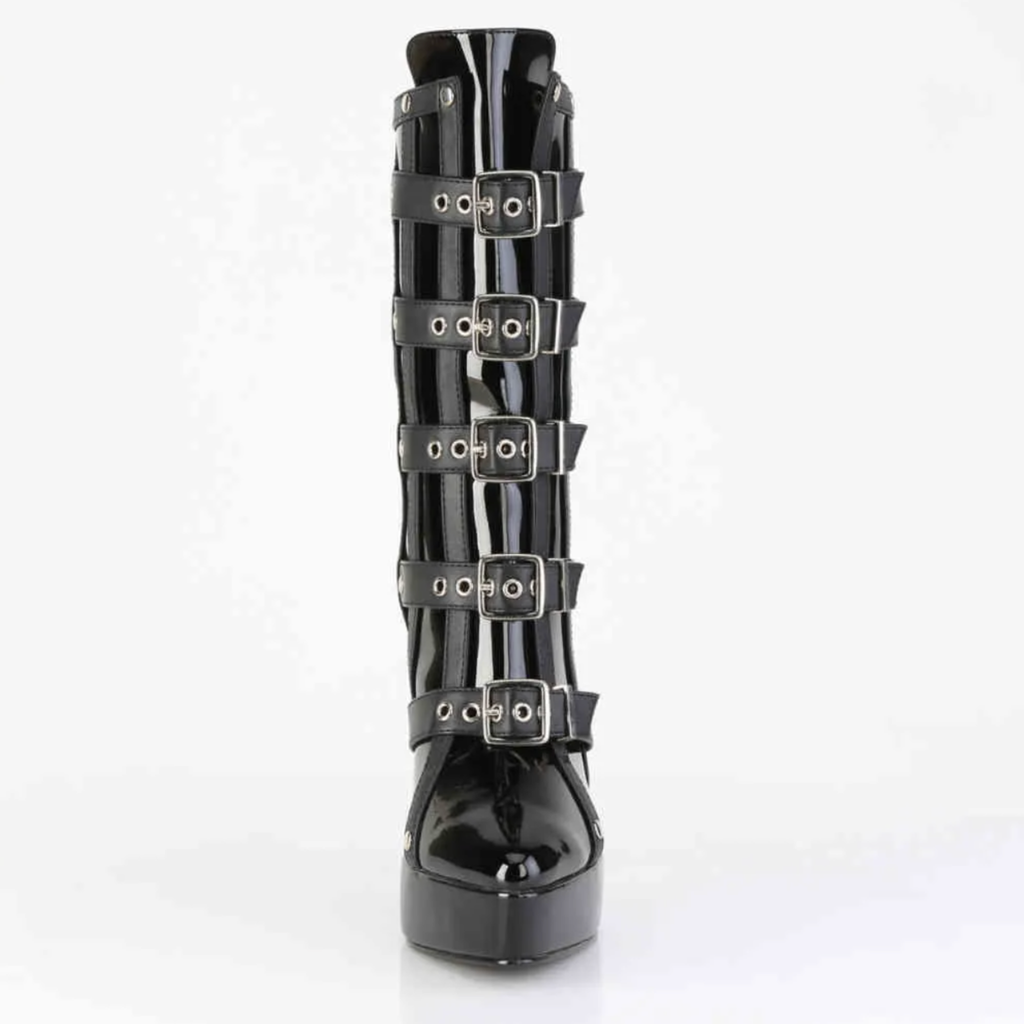 Corset-inspired black patent ankle boots, vegan leather with metal studs, 5 ¼-inch heel, 1 ¼-inch platform, rebellious fetish footwear.