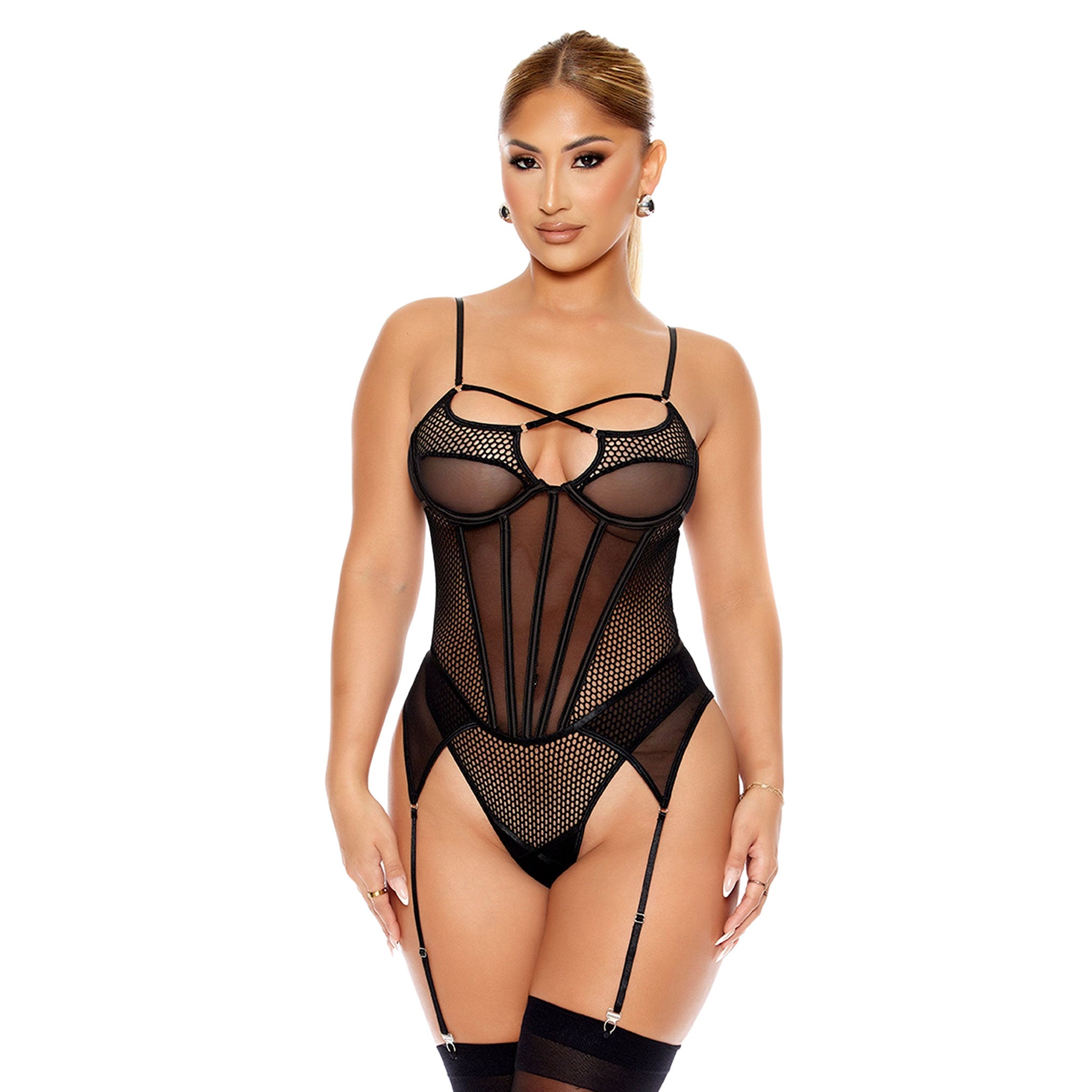 Mesh sheer transparent polyester Spandex o-net intimates lingerie teddy one-piece bodysuit strappy cutout cut-out panels corsetlike boning adjustable shoulder-straps crisscross O-ring hook-and-eye garter garter-straps slide-clips breathable erotic fierce fantasy adorable female femme feminine women black 