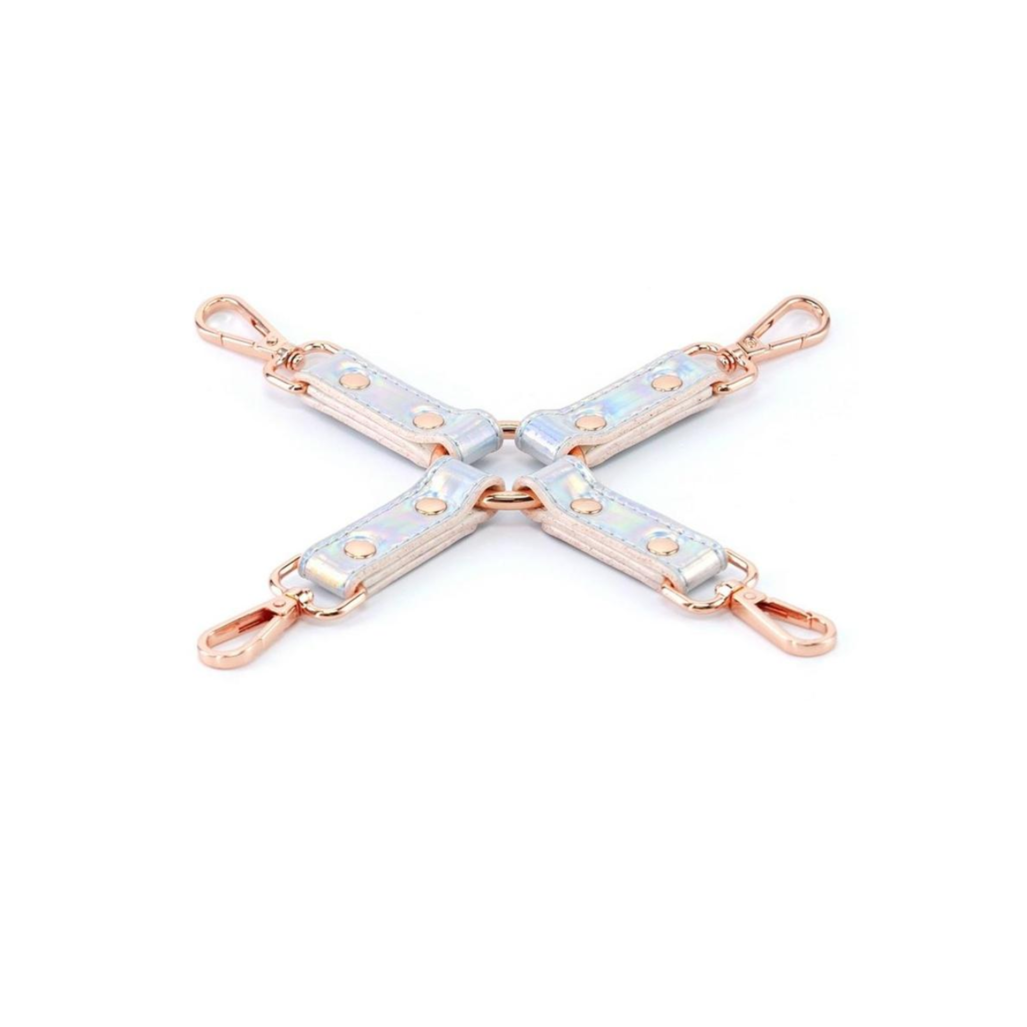 holographic vinyl hogtie, Cosmo bondage restraints, rose gold bondage hardware, shiny fetish hog tie, adjustable vinyl hogtie, Fetish Factory restraints