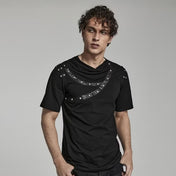 Stretch-knit cotton elastane Spandex leather faux-leather polyester metallic dome-studs studs studded apparel top shirt t-shirt teeshirt tshirt tee-shirt fitted sleeve sleeves sleeved shortsleeve short-sleeve asymmetrical-neckline draped-cowl cowl-collar ruched-collar ruched weathered fetish fashion alt-fashion dark-fashion punk rock goth gothic casual everyday halloween male masculine masc mens menswear guys dudes black