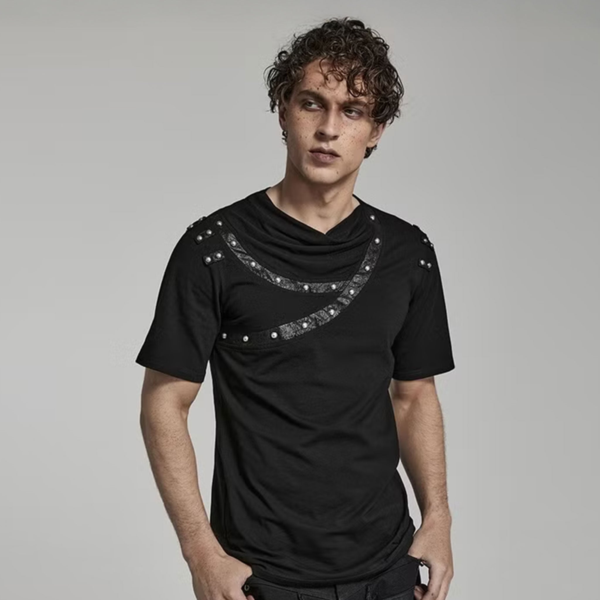 Stretch-knit cotton elastane Spandex leather faux-leather polyester metallic dome-studs studs studded apparel top shirt t-shirt teeshirt tshirt tee-shirt fitted sleeve sleeves sleeved shortsleeve short-sleeve asymmetrical-neckline draped-cowl cowl-collar ruched-collar ruched weathered fetish fashion alt-fashion dark-fashion punk rock goth gothic casual everyday halloween male masculine masc mens menswear guys dudes black