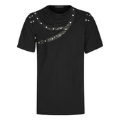 Stretch-knit cotton elastane Spandex leather faux-leather polyester metallic dome-studs studs studded apparel top shirt t-shirt teeshirt tshirt tee-shirt fitted sleeve sleeves sleeved shortsleeve short-sleeve asymmetrical-neckline draped-cowl cowl-collar ruched-collar ruched weathered fetish fashion alt-fashion dark-fashion punk rock goth gothic casual everyday halloween male masculine masc mens menswear guys dudes black