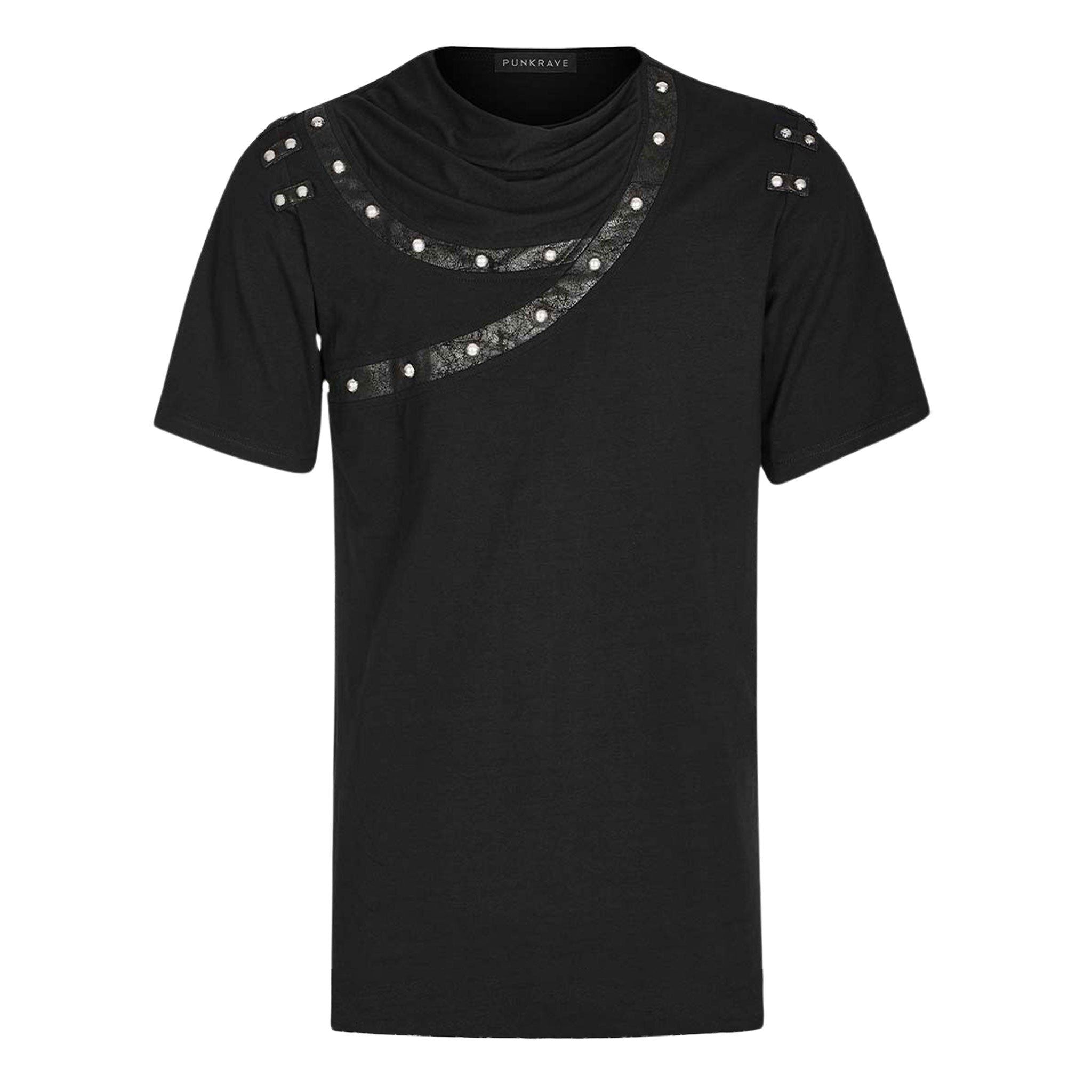 Stretch-knit cotton elastane Spandex leather faux-leather polyester metallic dome-studs studs studded apparel top shirt t-shirt teeshirt tshirt tee-shirt fitted sleeve sleeves sleeved shortsleeve short-sleeve asymmetrical-neckline draped-cowl cowl-collar ruched-collar ruched weathered fetish fashion alt-fashion dark-fashion punk rock goth gothic casual everyday halloween male masculine masc mens menswear guys dudes black