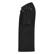 Stretch-knit cotton elastane Spandex leather faux-leather polyester metallic dome-studs studs studded apparel top shirt t-shirt teeshirt tshirt tee-shirt fitted sleeve sleeves sleeved shortsleeve short-sleeve asymmetrical-neckline draped-cowl cowl-collar ruched-collar ruched weathered fetish fashion alt-fashion dark-fashion punk rock goth gothic casual everyday halloween male masculine masc mens menswear guys dudes black