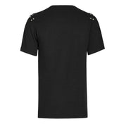 Stretch-knit cotton elastane Spandex leather faux-leather polyester metallic dome-studs studs studded apparel top shirt t-shirt teeshirt tshirt tee-shirt fitted sleeve sleeves sleeved shortsleeve short-sleeve asymmetrical-neckline draped-cowl cowl-collar ruched-collar ruched weathered fetish fashion alt-fashion dark-fashion punk rock goth gothic casual everyday halloween male masculine masc mens menswear guys dudes black