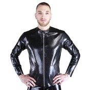 Latex rubber textured-latex textured pattern crackled-pattern etched-pattern lightweight tops outerwear jacket coat longsleeve long-sleeve sleeves sleeved nehru-jacket nehru-cut front-pockets cuff-zip front-zip zipper shiny crackled-glass edgy stylish comfortable unique stunning fashionable fashion fetish alt-fashion functional one-of-a-kind male masculine masc mens menswear guys dudes black