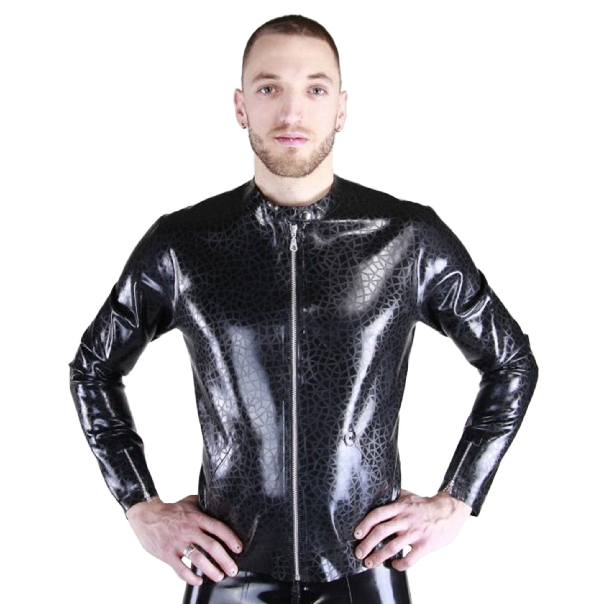 Latex rubber textured-latex textured pattern crackled-pattern etched-pattern lightweight tops outerwear jacket coat longsleeve long-sleeve sleeves sleeved nehru-jacket nehru-cut front-pockets cuff-zip front-zip zipper shiny crackled-glass edgy stylish comfortable unique stunning fashionable fashion fetish alt-fashion functional one-of-a-kind male masculine masc mens menswear guys dudes black