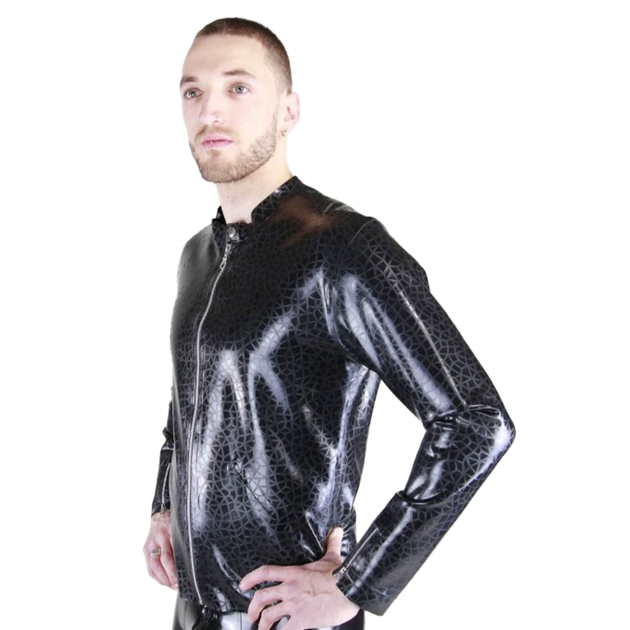 Latex rubber textured-latex textured pattern crackled-pattern etched-pattern lightweight tops outerwear jacket coat longsleeve long-sleeve sleeves sleeved nehru-jacket nehru-cut front-pockets cuff-zip front-zip zipper shiny crackled-glass edgy stylish comfortable unique stunning fashionable fashion fetish alt-fashion functional one-of-a-kind male masculine masc mens menswear guys dudes black
