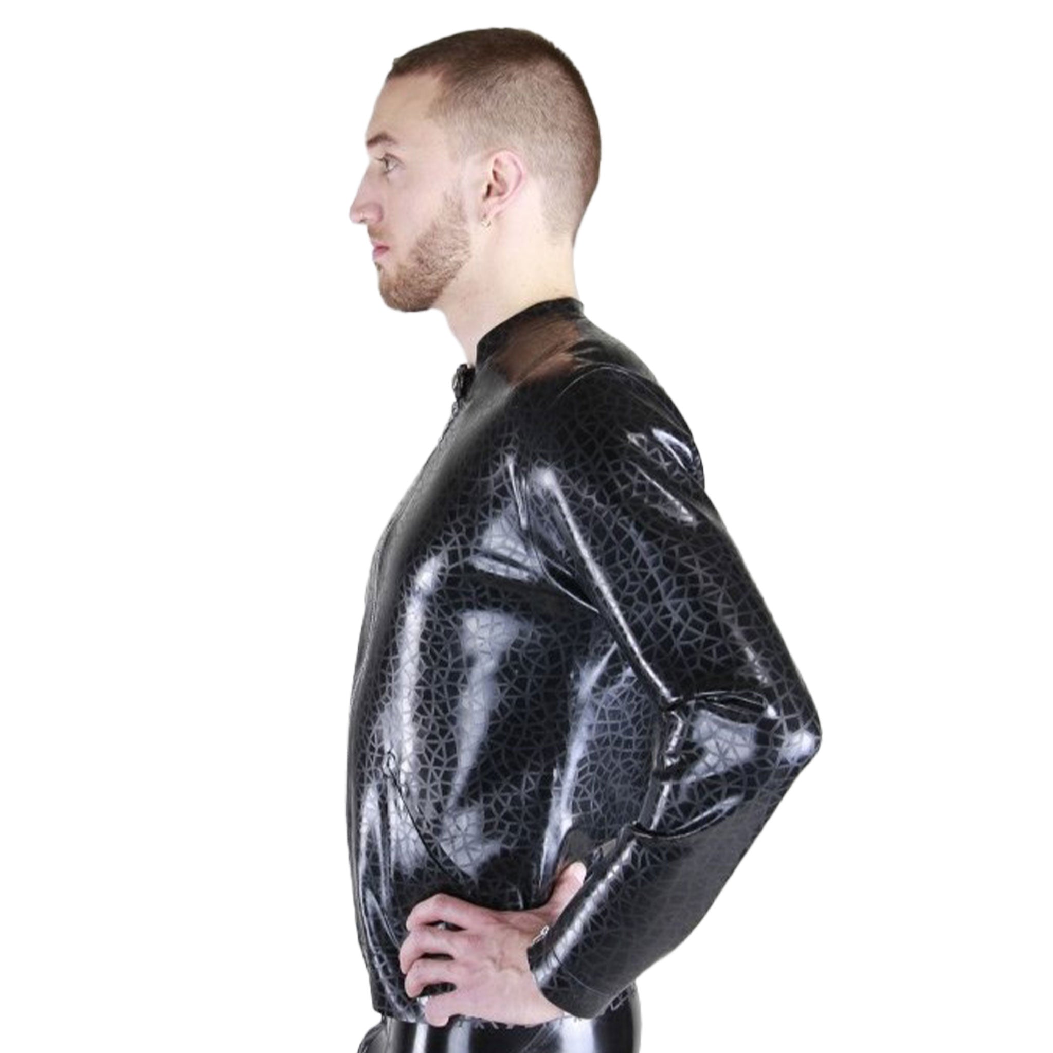 Latex rubber textured-latex textured pattern crackled-pattern etched-pattern lightweight tops outerwear jacket coat longsleeve long-sleeve sleeves sleeved nehru-jacket nehru-cut front-pockets cuff-zip front-zip zipper shiny crackled-glass edgy stylish comfortable unique stunning fashionable fashion fetish alt-fashion functional one-of-a-kind male masculine masc mens menswear guys dudes black