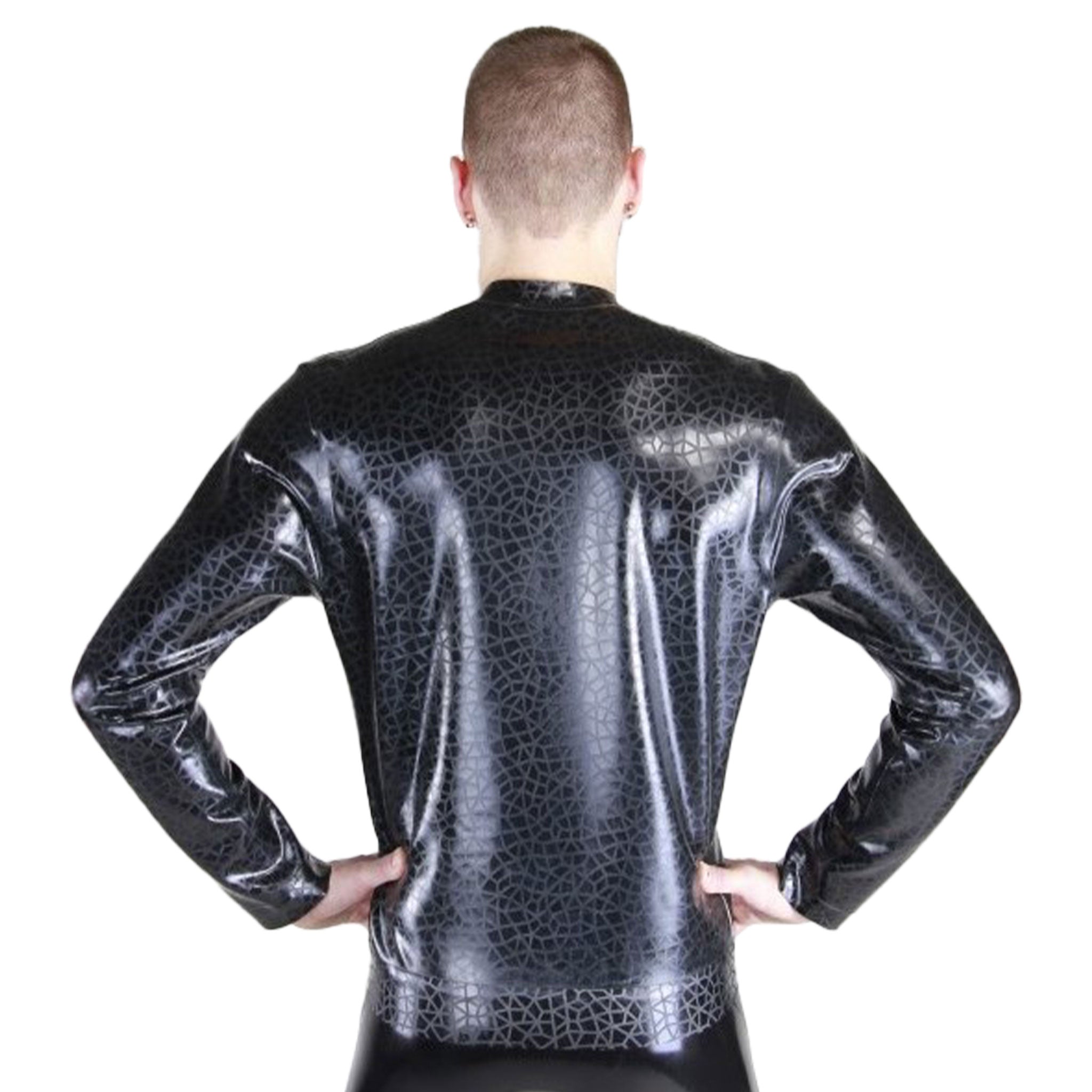 Latex rubber textured-latex textured pattern crackled-pattern etched-pattern lightweight tops outerwear jacket coat longsleeve long-sleeve sleeves sleeved nehru-jacket nehru-cut front-pockets cuff-zip front-zip zipper shiny crackled-glass edgy stylish comfortable unique stunning fashionable fashion fetish alt-fashion functional one-of-a-kind male masculine masc mens menswear guys dudes black