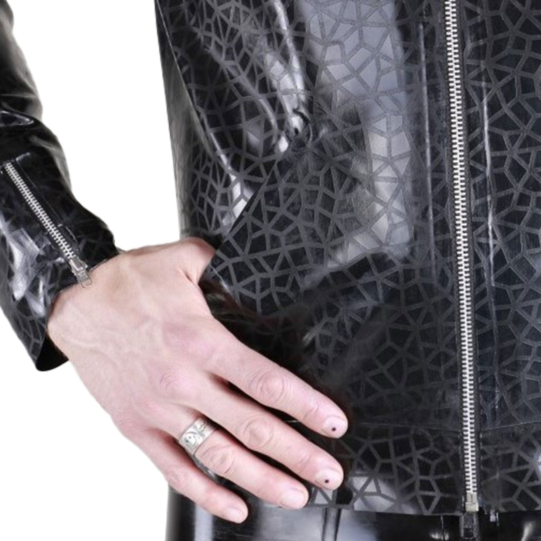 Latex rubber textured-latex textured pattern crackled-pattern etched-pattern lightweight tops outerwear jacket coat longsleeve long-sleeve sleeves sleeved nehru-jacket nehru-cut front-pockets cuff-zip front-zip zipper shiny crackled-glass edgy stylish comfortable unique stunning fashionable fashion fetish alt-fashion functional one-of-a-kind male masculine masc mens menswear guys dudes black