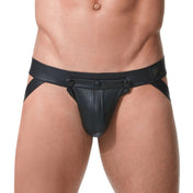 Wetlook faux leather underwear lingerie jock-strap cod-piece detachable cock ring cockring cock-ring c-ring integrated snap-button press-button pouch elastic waistband