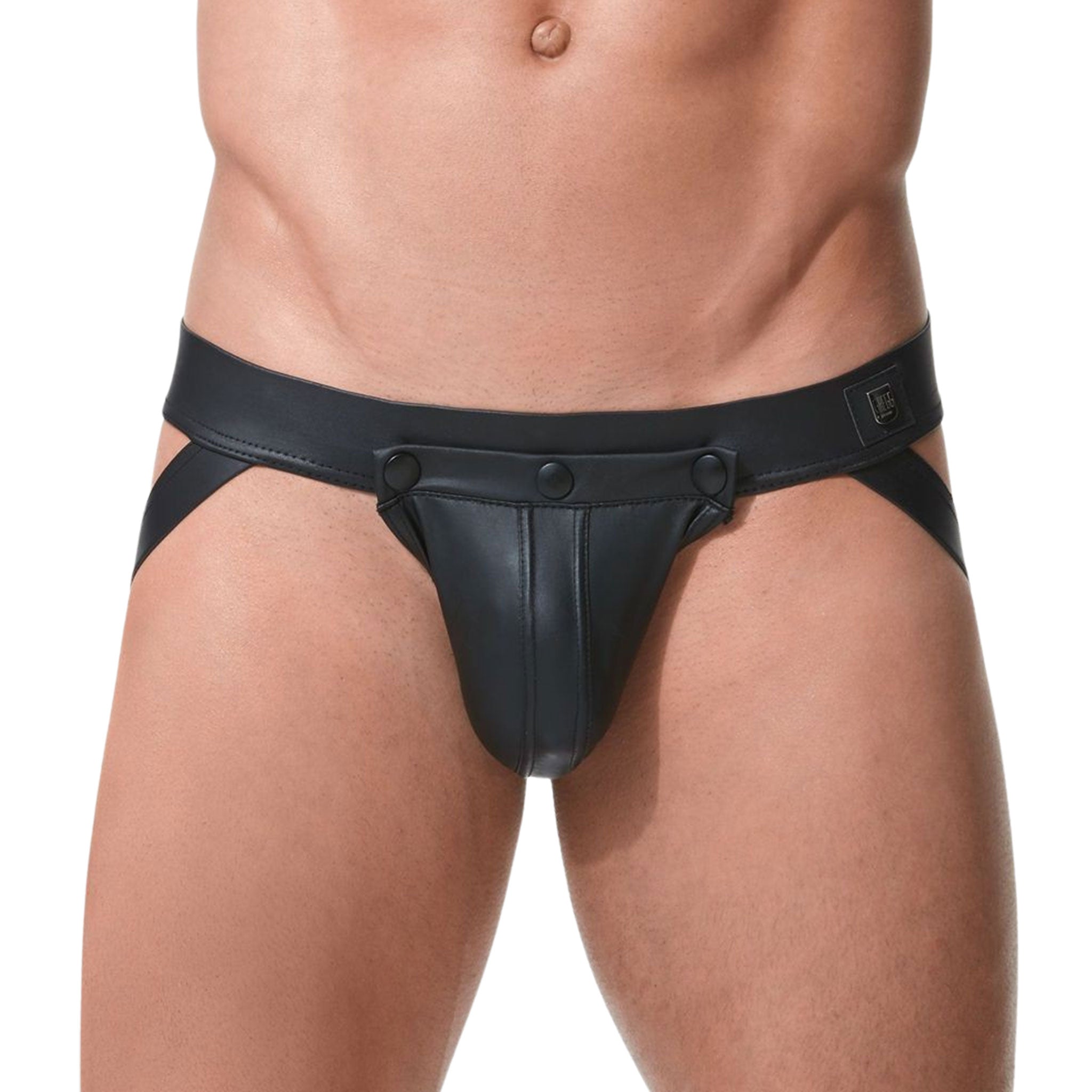 Wetlook faux leather underwear lingerie jock-strap cod-piece detachable cock ring cockring cock-ring c-ring integrated snap-button press-button pouch elastic waistband