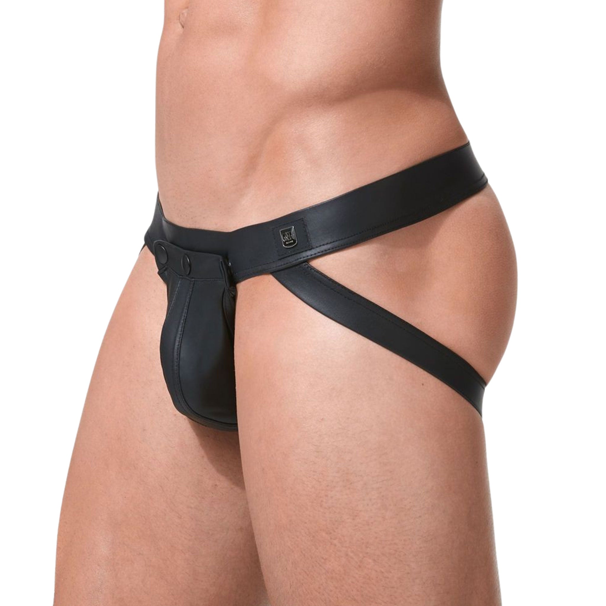 Wetlook faux leather underwear lingerie jock-strap cod-piece detachable cock ring cockring cock-ring c-ring integrated snap-button press-button pouch elastic waistband