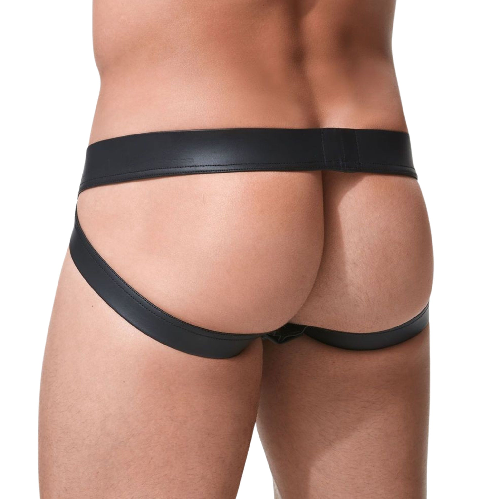 Wetlook faux leather underwear lingerie jock-strap cod-piece detachable cock ring cockring cock-ring c-ring integrated snap-button press-button pouch elastic waistband