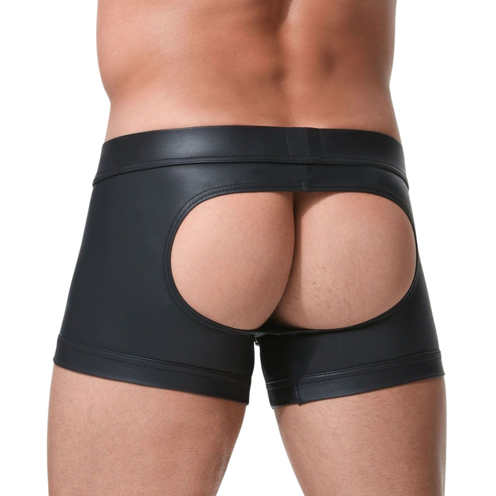 Wetlook faux leather underwear lingerie trunks shorts snap-on snap-button press-button exposed butt open-back open-seat breathable stylish detachable pouch peek-a-boo cutout cut-out men mens male masculine black