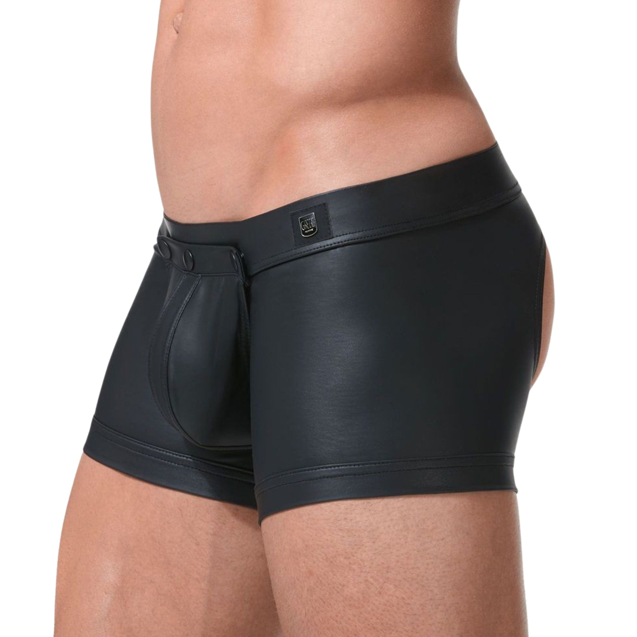 Wetlook faux leather underwear lingerie trunks shorts snap-on snap-button press-button exposed butt open-back open-seat breathable stylish detachable pouch peek-a-boo cutout cut-out men mens male masculine black